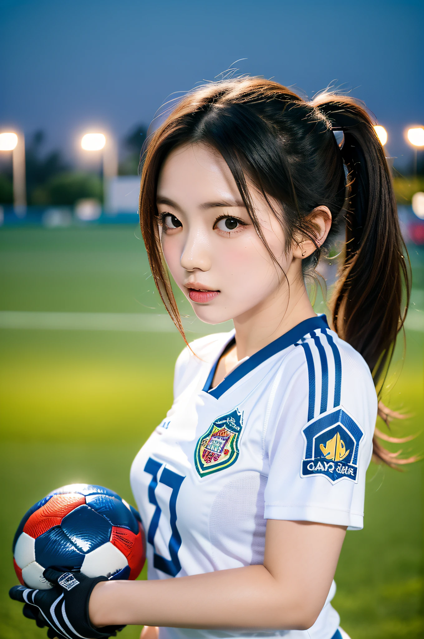 Kamei Eri, a solo idol, dressed as a soccer player on a soccer field. She's wearing a uniform complete with soccer cleats (spikes), shin guards, a jersey with a team emblem or logo, and a jersey number. She might also have a captain's armband. The scene is set against a backdrop of a soccer ground with a soccer ball nearby. The style should be photorealistic, capturing the essence of a soccer player but with the charm and cuteness of an idol. The lighting should highlight her, making her the focal point, with a soft glow. Colors should be vibrant, especially the green of the field and the color of her jersey. The composition should be a full-body shot, capturing her from head to toe, with a 16:9 aspect ratio. The image should be of the highest quality, highly detailed, and in high-resolution 16k. --ar 16:9 --v 5.1 --style raw --q 2 --s 750