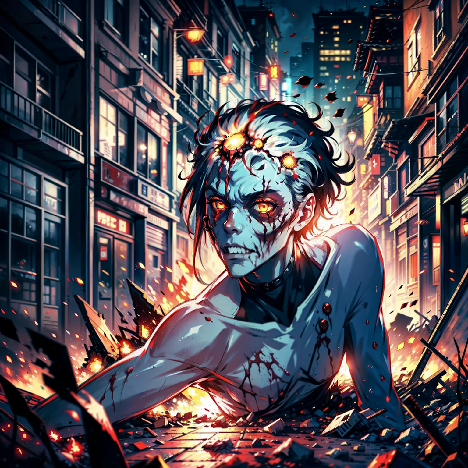 the night,On the street,Red Moon,A male zombie was lying on the ground,Bleeding from the head,Brain plasma burst,It's all blood,rubble,fire glow,废墟,hyper-high detail,Highly realistic,4K,chiaroscuro,hyper-high detail