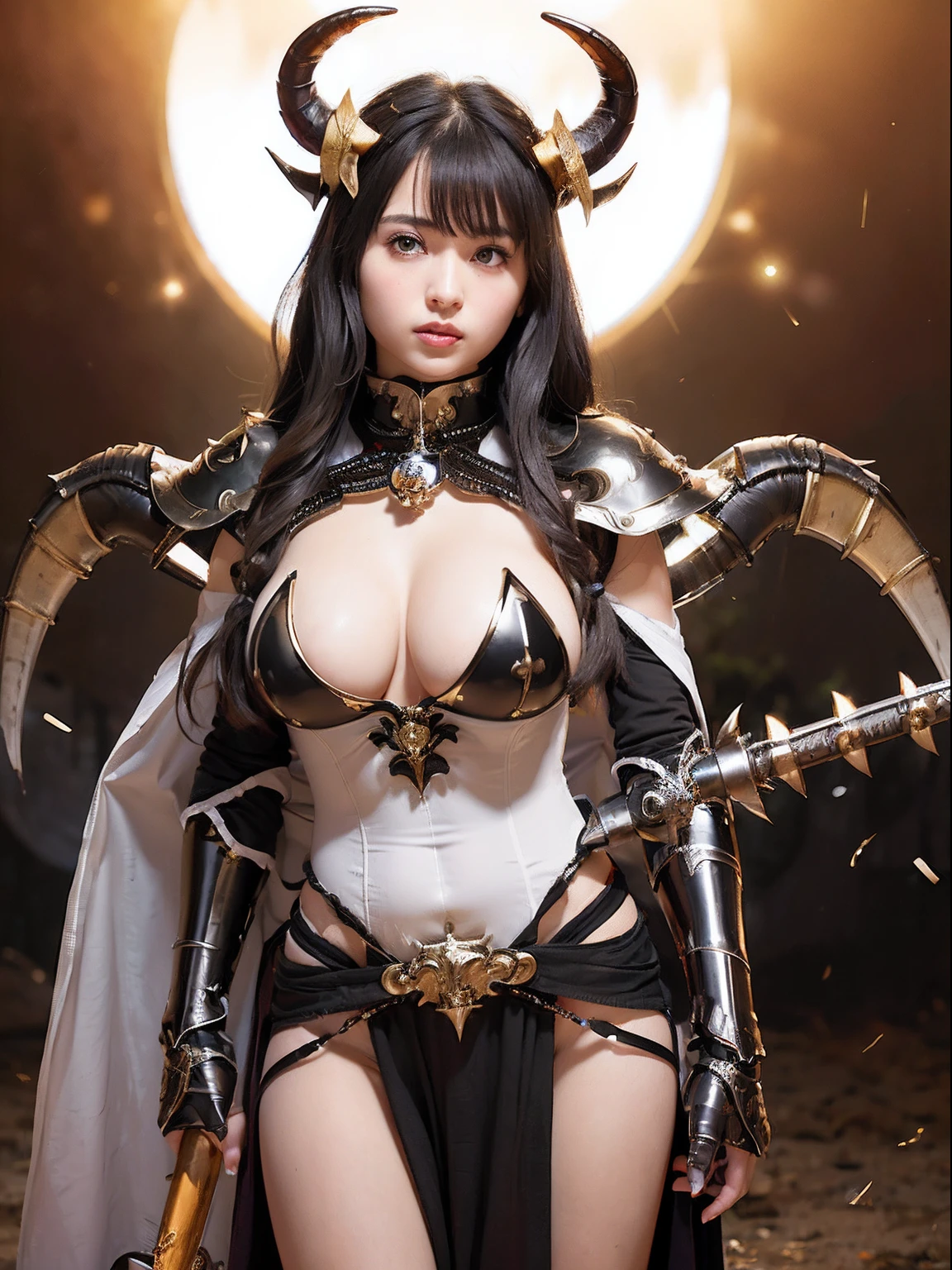 Professional , ​masterpiece、top-quality、photos realistic , depth of fields 、(A dark-haired) 、（Gemstone White Metal Body:1.4),(Matte Black、Jewel Gold Weapon、（maikurobikini）,Gorgeous metal weapons ,Particles of light、（Fight dragons）、（Black wings）、（（ Detailed and gorgeous sword of the brave）） ,Light Effects、intense fighting、Wind-effect、magic circles、 (A dark-haired)  ,Fight soldiers in skeleton armor ,Detail and ornate jewel crown、With the legendary magic wand、Dragon's tail、explosions、（（maikurobikini））、（（Gangle's forest background））、Beautiful Caucasian beauty、１a person、dynamic ungle,(((Details of the two demon horns on the head)))、Smaller head、A smile、Background inside the castle、Thin and beautiful female hands、cleavage of the breast、Soldier in iron armor on background、Mystical expression、Light Effects、Wind-effect、With the legendary magic wand、（wingspan）、Toostock、Anatomically correct body、