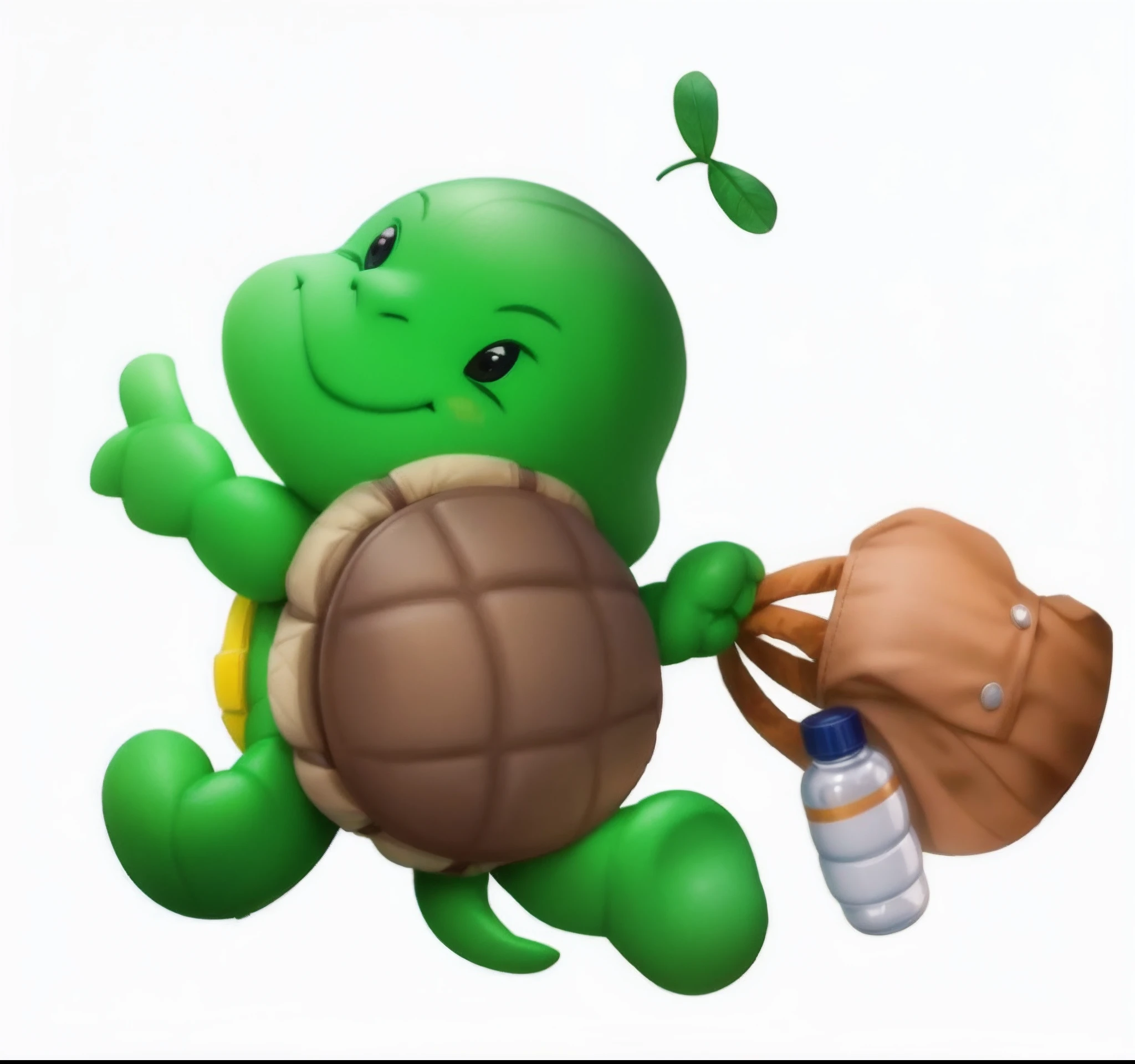 tmasterpiece,high qulity,A cartoon,on  back,Green skin,Brown turtle shell,Yellow belly,adolable,Right hand cloth bag,mineral water,estilo cartoon 3d,Ray traching,4K