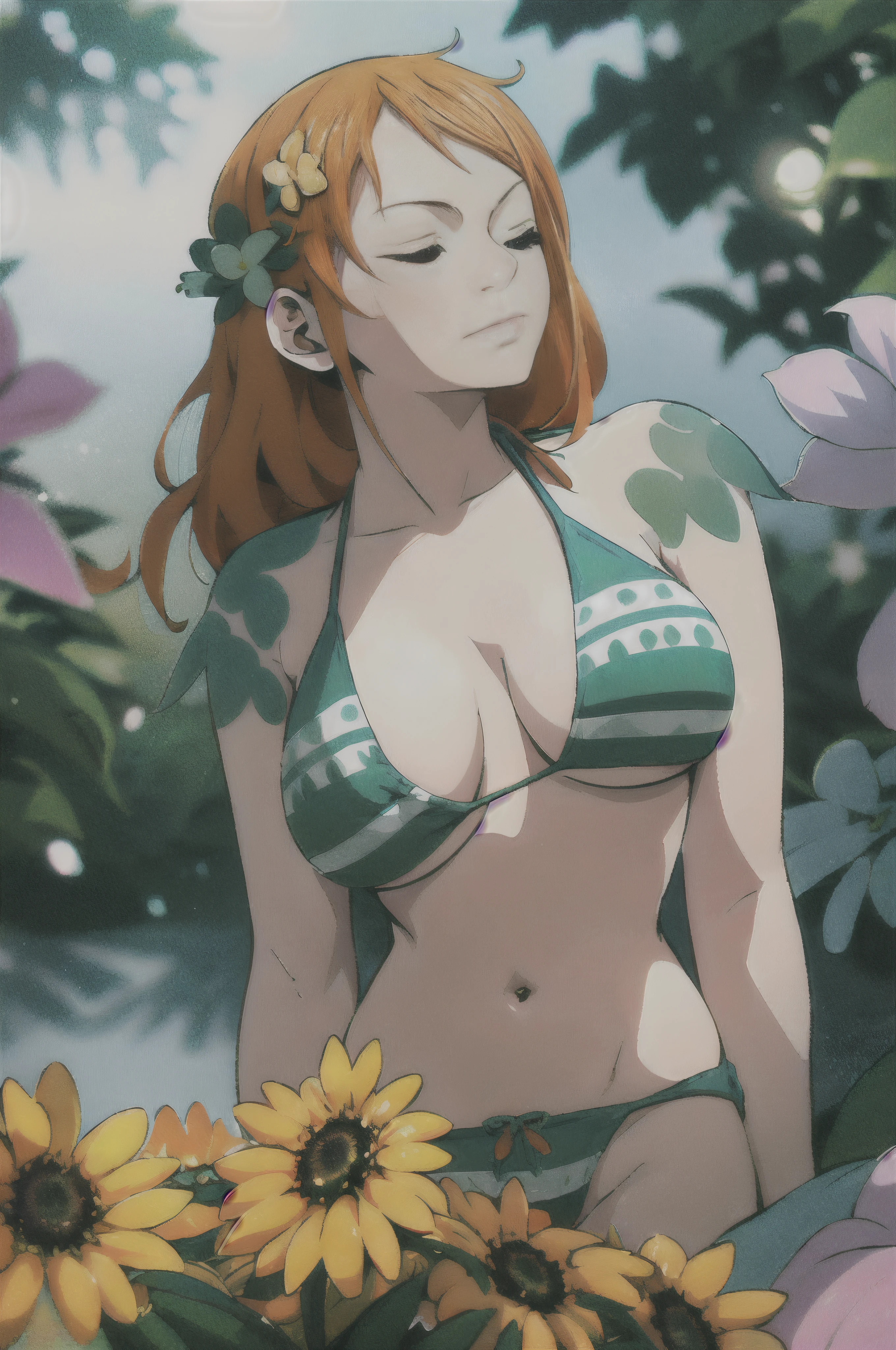 woman, bikini (big boobs), colorful, darl background,flower armor,green theme,exposure blend, medium shot, bokeh, (hdr:1.4), high contrast, (cinematic, teal and orange:0.85), (muted colors, dim colors, soothing tones:1.3), low saturation, nami one piece orange hair