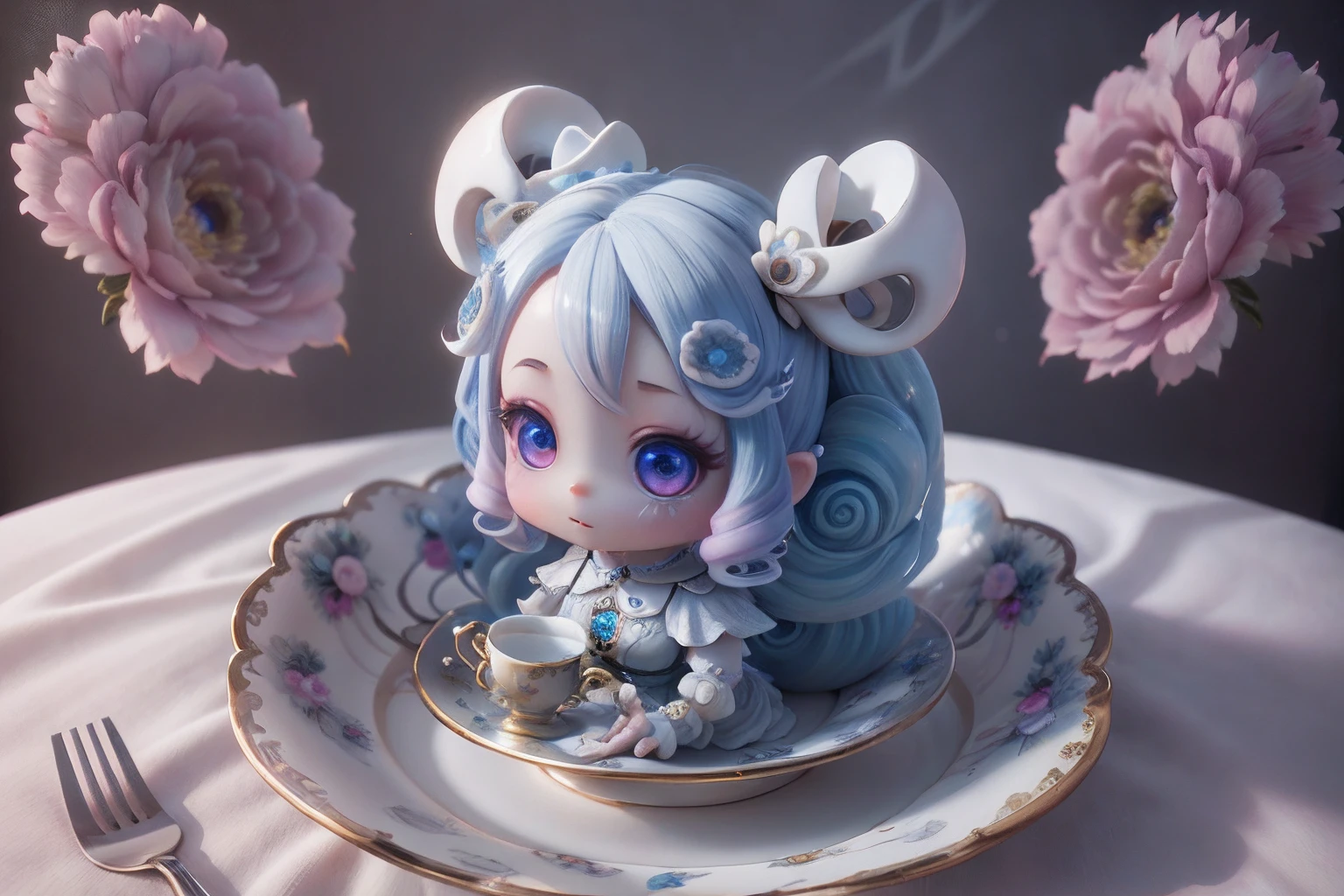 There is a bone china dish，Helix 00d， closeup cleavage， chibi girl， （adolable：1.3）Bone china plate design artwork，Modern artwork，top views，Best results，artwork of a，best qualtiy,8K,。.3D，Color decoration，top Quority，the detail，