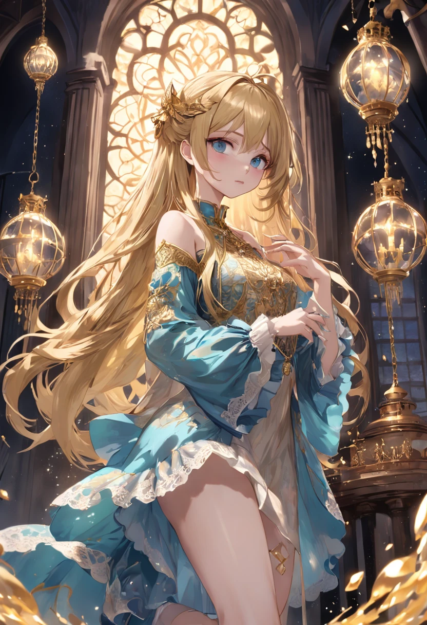 (entire body image:1.5), (extremely detailed CG unity 16k wallpaper:1.1), (Denoising strength: 1.45), (tmasterpiece:1.37), Hide hands, (Magic circle), Principal, ((Gem)), elegant, (holy), extremely detailed 8k wallpaper, (painting), (((ink))), (((ink))), ((ultra detailed)), (watercolor), detailed shadow, (((1girl))), (detailed flooding feet), (((((long top sleeves past fingers))))), ((motion)), beautiful detailed fullbody, (leg up), (((sapphire frills))), (((yokozuwari in the golden cage))), gold cage, (birdcage), {{{very long dress cover feet}}}, (translucent fluttering dress with lace}, {{detailed skin}}, (((long Bright wavy hair))), Juliet_sleeve, (((hands hide in puffy sleeves))), ((bare shoulders)), flat_chst, ((Crystal shoes)), ((((arms behind back)))), (((extremely detailed cute anime face))), Jewelry decoration, ((expressionless)), (Iridescent Gem Headwear), (Beautiful detailed gemological eyes), ((melting silver and gold)), looking_at_viewer, {deta, (depth of field), (illustration), cinematic lighting, god rays, sparkle, glowing light, ((best quality)), ((masterpiece)), (highres)