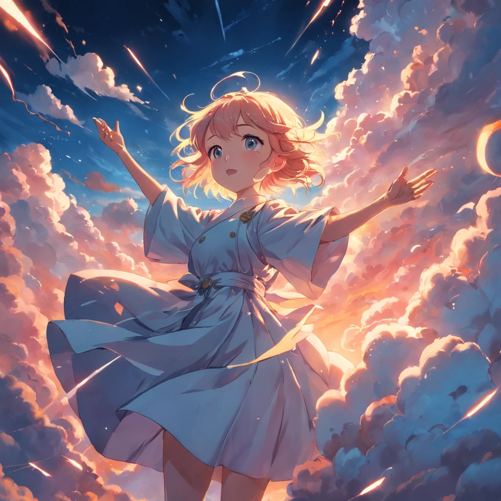 masterpiece, best quality, movie still, 1girl, cloud girl, floating in the sky, close-up, bright, happy, warm soft lighting, sunset, (sparks:0.7)