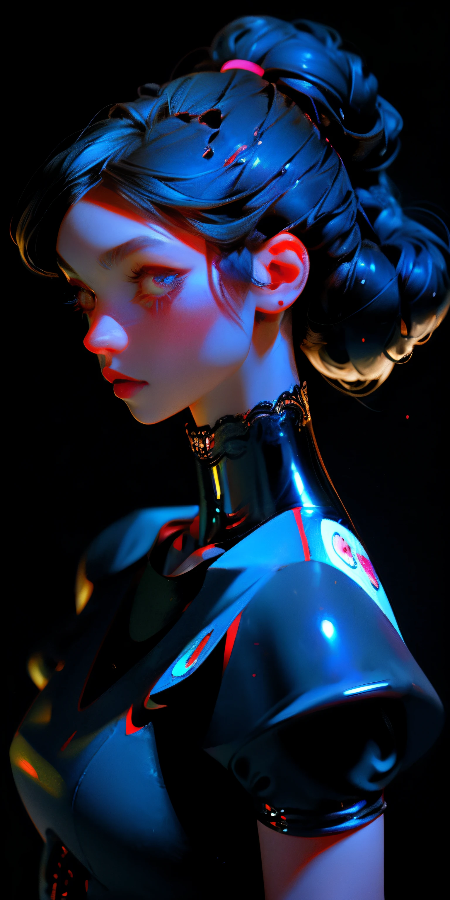 (Masterpiece, Best quality), 1girll, komono, Mechanical upper body, Makeup, hair adornments, Black hair,