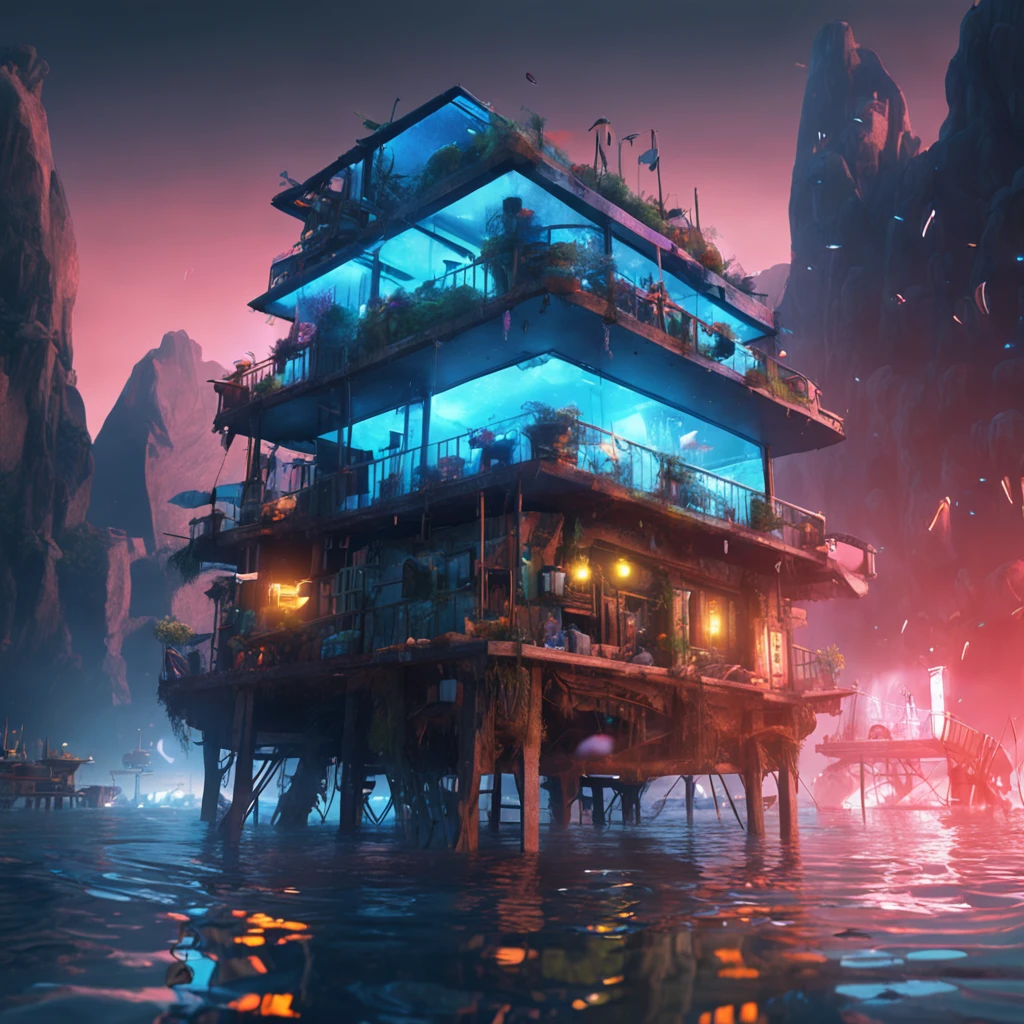 Colors (Fantasy: 1.2), (hayao miyazaki style), (Irregular Buildings Floating Under the Sea), developed country, Blue lighting, glass shards, splash water, A light, Artstation Competition Winner, Fantasy Art, (cyberpunkcity), Optical Axis, Realistic lighting, High quality, Beautiful graphics, high detailing, masuter piece, High quality, Beautiful graphics, high detailing, in 8K, surrealism , fly chinese dragon --v6
