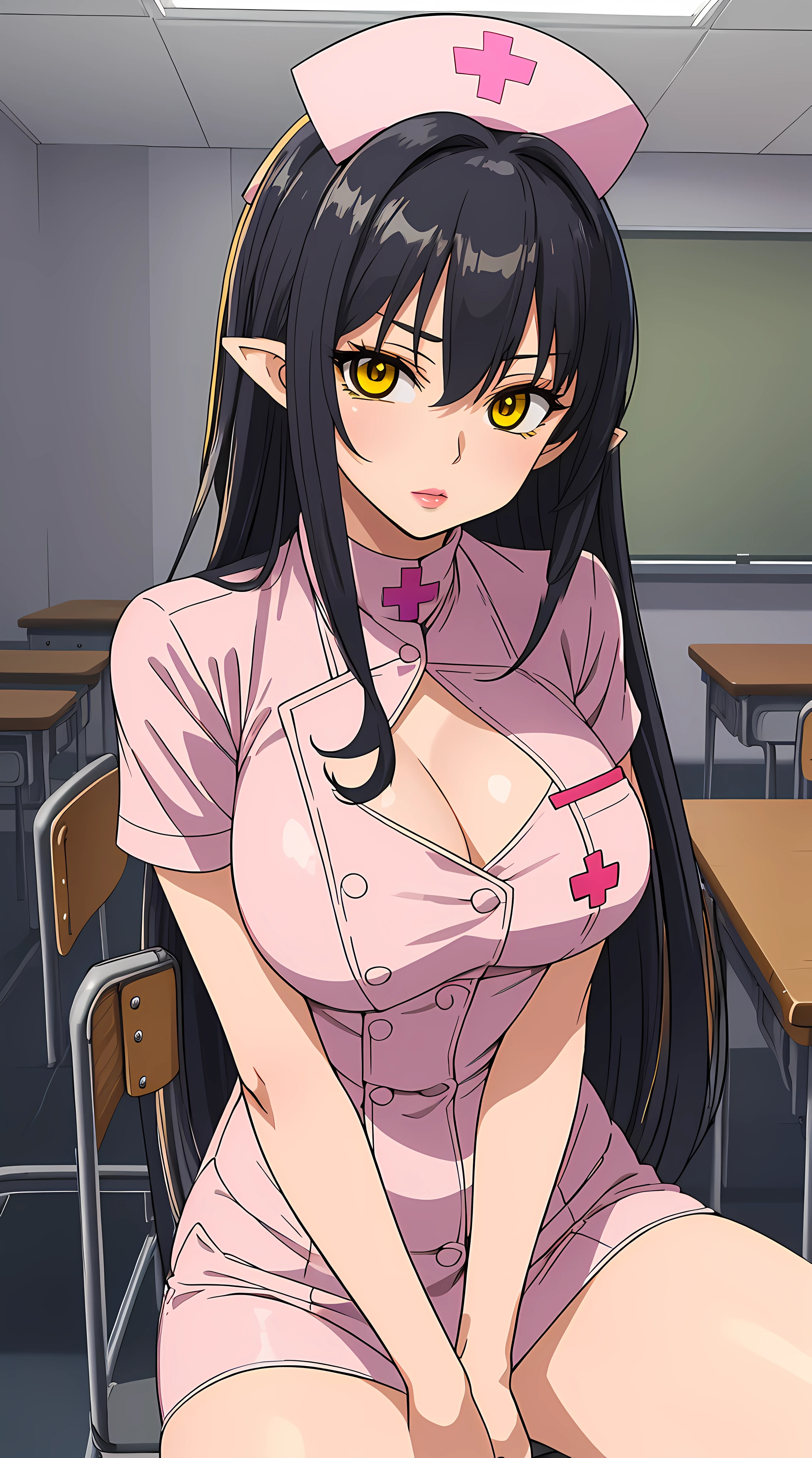 Annerose, 1girl, (female mature:1.5, 35yo), sitting on classroom table, spread legs, hand holding cheek, long hair, black hair, pointy ears, yellow eyes, large breasts, (nurse outfit:1.5), (skin tight:1.05), hair intakes, school clothes, cowboy shot, cleavage, perfect body, (athletic body:1.1), anime face, perfect face, perfect eyes, anime eyes, smoky eyeliner, eyeshadow, looking at viewer, sharp focus, intricate details, masterpiece painting, professional artwork, (vibrant colors:1.1), vivid colors, Diffused lighting, digital blending, ultra detailed body, ultra detail hair, ultra detail face, trending on pixiv, by Kagami Hirotaka, (((mature woman, mature female, 35yo, seductive glance, teasing expression))), exquisite anatomy details, (best fingers anatomy)