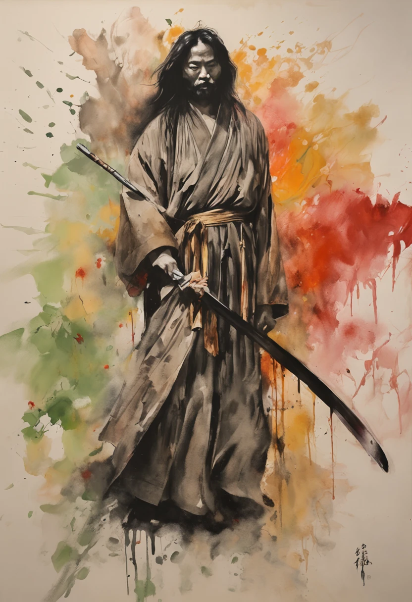 Chinese ink style，ink，Smudge，Young Taoist，One hand holds a sword behind him，Sword Tip asked。，Cultivate into an immortal，Fairy Wind Bone Road，Tai Chi totem background，long and flowing hair，Wide robe，8K，super-fine