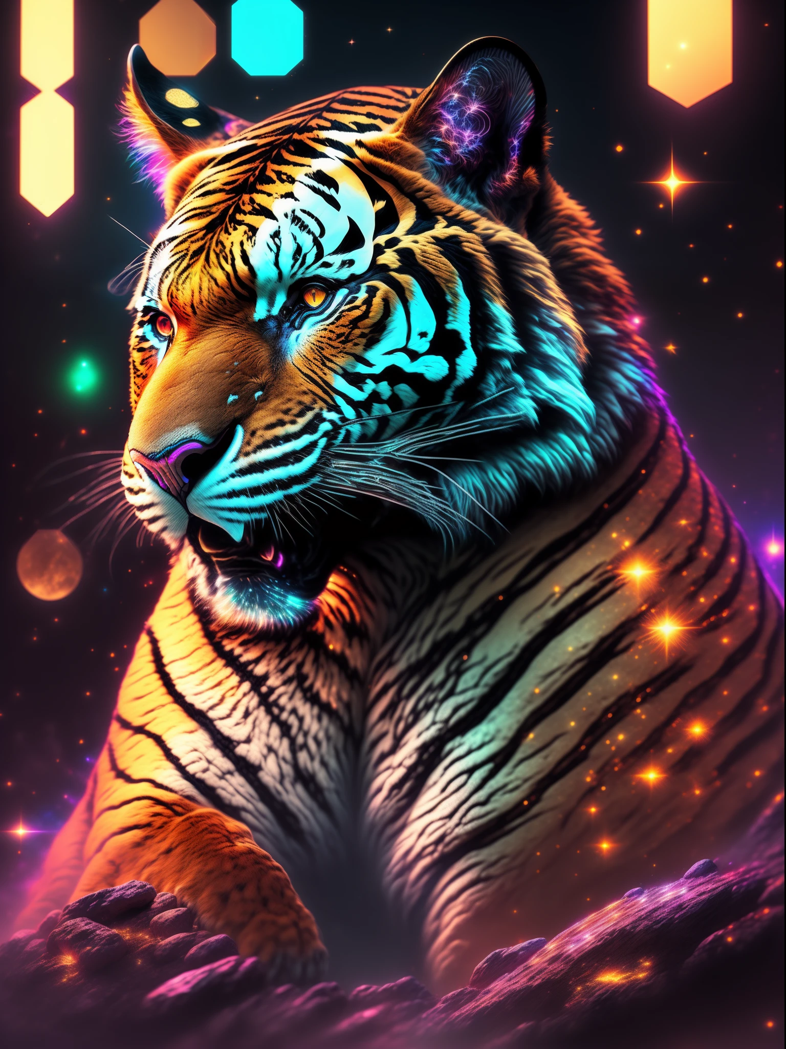 tmasterpiece, beste-Qualit, Art Station, Extremely detailed ,tiger ,Perfectly proportioned, Contrast display, ultra realistis, black backdrop, galaxy, Endless Lights, Strewn with fine flash details, 8K, 真实感, The vibrant, luminescent, Exciting, hyper-detalied, The vibrant, Filmic, Environment Occlusion, chromatic aberration.