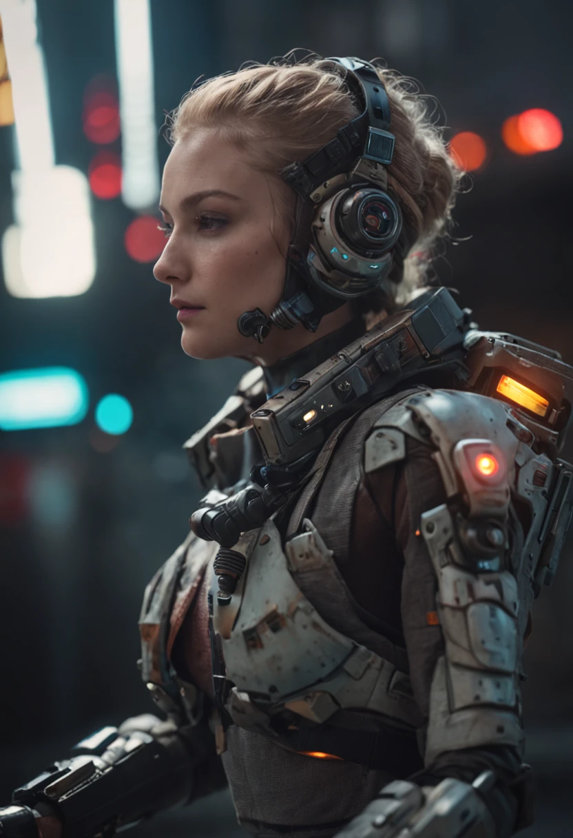 Cyberpunk world,Neon over the city,spaceship,Motorist,Half man, half machine,Residual value broken arm,mercenary,blasts,shootout,droid,karo,deathia,Ultra clear 4K、