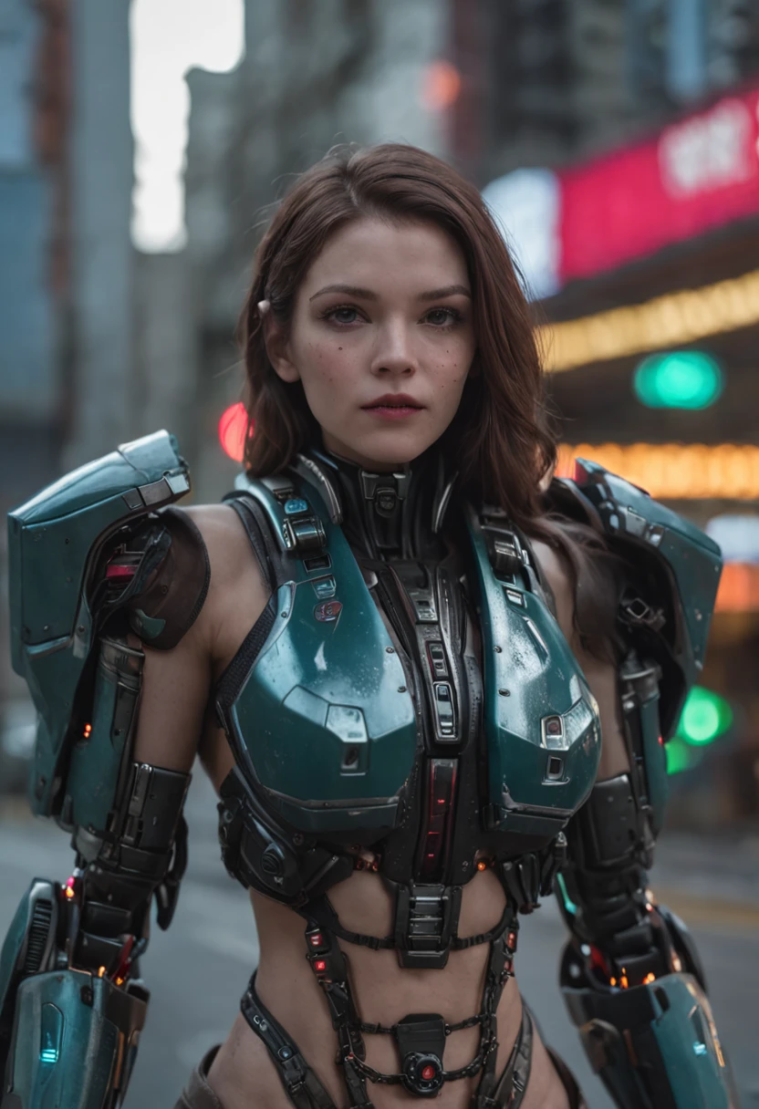 sci-fi, Medusa-inspired character, female, cyborg, metallic snakes instead of hair, glowing eyes, serpent-like body, armored exoskeleton, powerful tail, venomous fangs, futuristic technology, neon lights, post-apocalyptic setting, ruins, dark and gritty atmosphere, high-tech weapons, advanced prosthetics, cybernetic enhancements, bio-mechanical features, sci-fi fashion, sleek and intimidating demeanor, digital camouflage, energy shields, augmented reality interface, laser weaponry, interstellar travel, advanced AI companion, nano-technology, holographic projections, genetic modifications, dystopian society