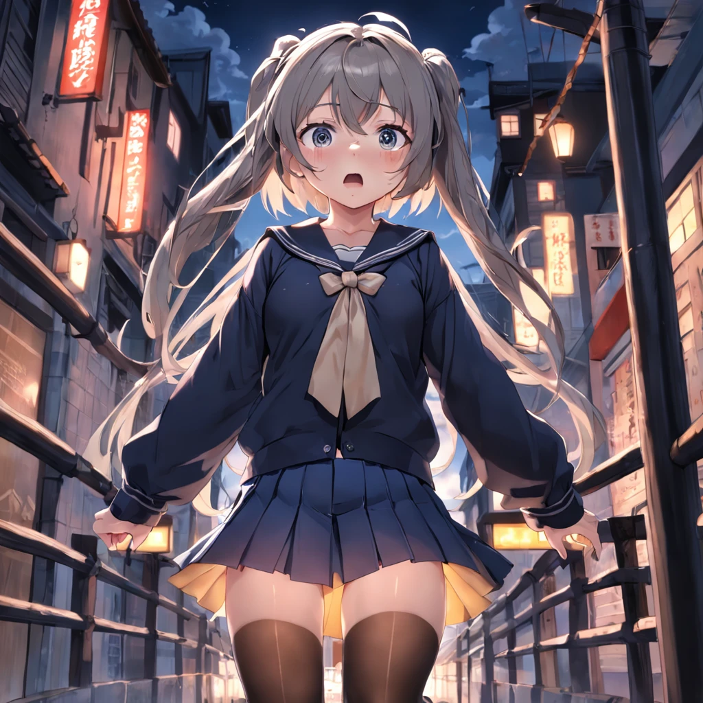 masterpiece, best quality, comic, loli, little girl, grey eyes, medium hair, streaked hair, small breasts, cardigan, pleated_skirt, mary_janes, sailor_collar, glasses, against backlight at dusk, crying with eyes open, black pantyhose, pillory/stocks, wooden_horse, uncensored, bdsm, large_insertion, ballgag,