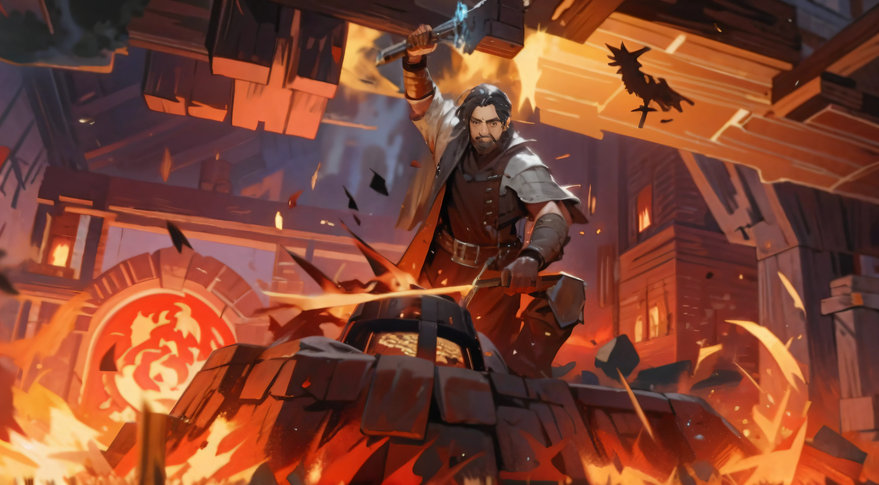 Blacksmith on the fire pit, splashart, concept-art,Game art, wrath flame and ruin, Strike iron,Smelting Hallows,National style scene,game screenshot,mmorpg,Screenshot of the actual game,National style scene,Blacksmith shop