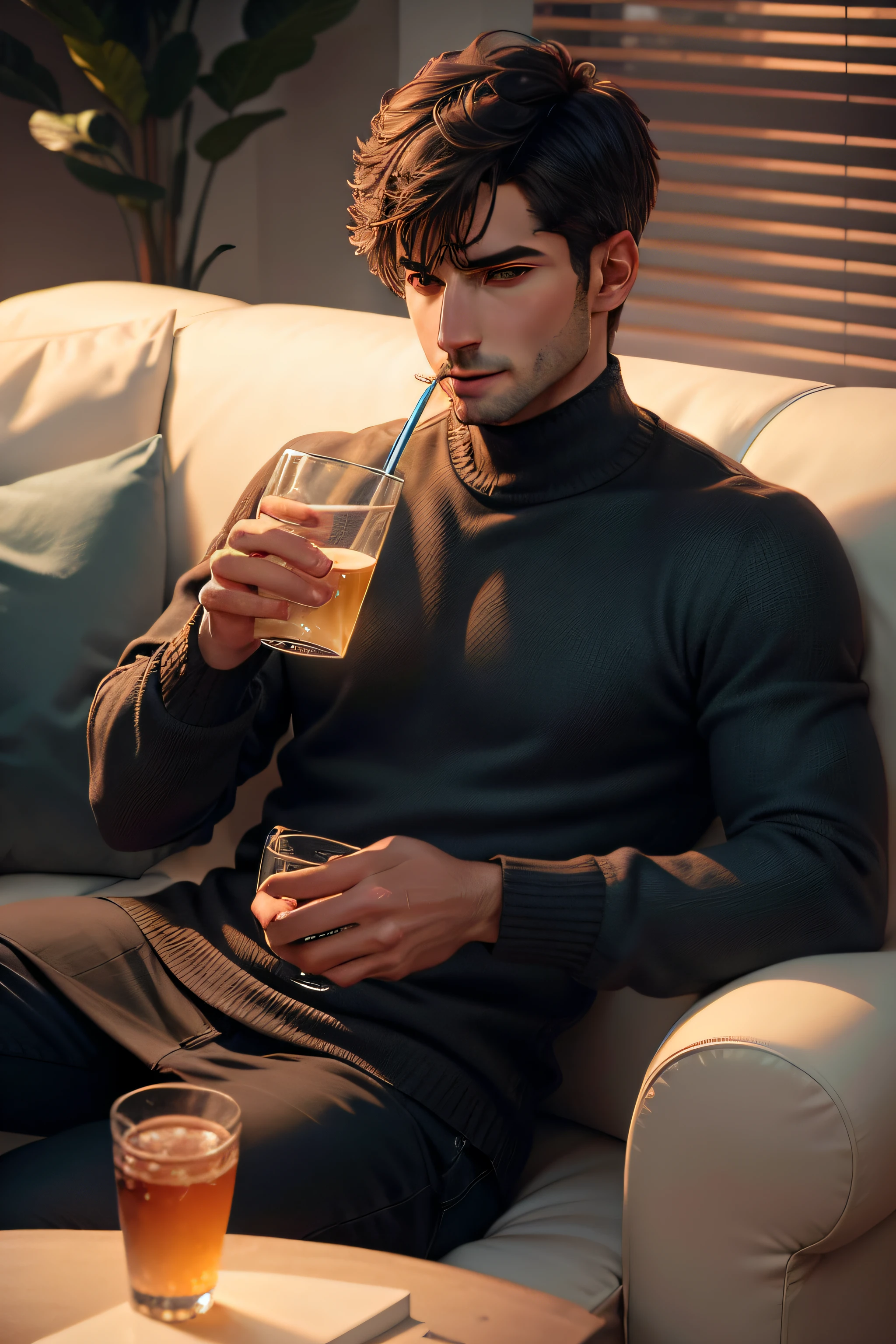 Short haired man drinking ice water on sofa in thick clothes,highly detailed, Sharp focus, A digital rendering, professinal, 4K,((best qualtiy)), (Realistis)),Winters,