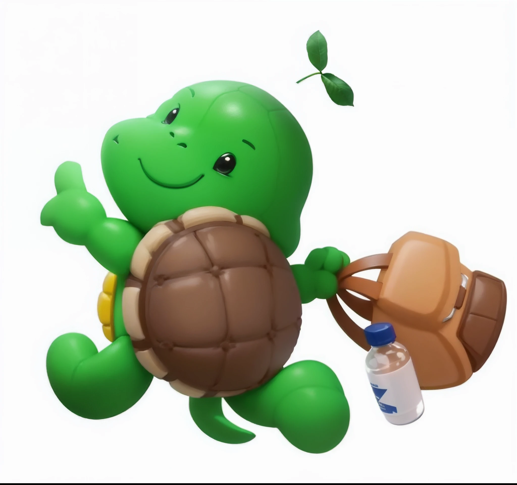 tmasterpiece,high qulity,A cartoon,on  back,Green skin,Brown turtle shell,Yellow belly,adolable,Right handbag,mineral water,Ray traching,4K