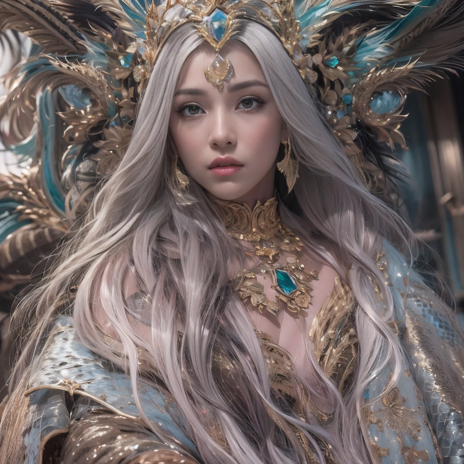 16k(tmasterpiece,k hd,hyper HD,16k)short detailed hair,Gold jewelry area in the back room,King Girl ,Silver Dragon Protector (realisticlying:1.4),Python pattern robe,Purple-pink tiara,Snowflakes fluttering,The background is pure,Hold your head high,Be proud,The nostrils look at people, A high resolution, the detail, RAW photogr, Sharp Re, Nikon D850 Film Stock Photo by Jefferies Lee 4 Kodak Portra 400 Camera F1.6 shots, Rich colors, ultra-realistic vivid textures, Dramatic lighting, Unreal Engine Art Station Trend, cinestir 800,Hold your head high,Be proud,The nostrils look at people