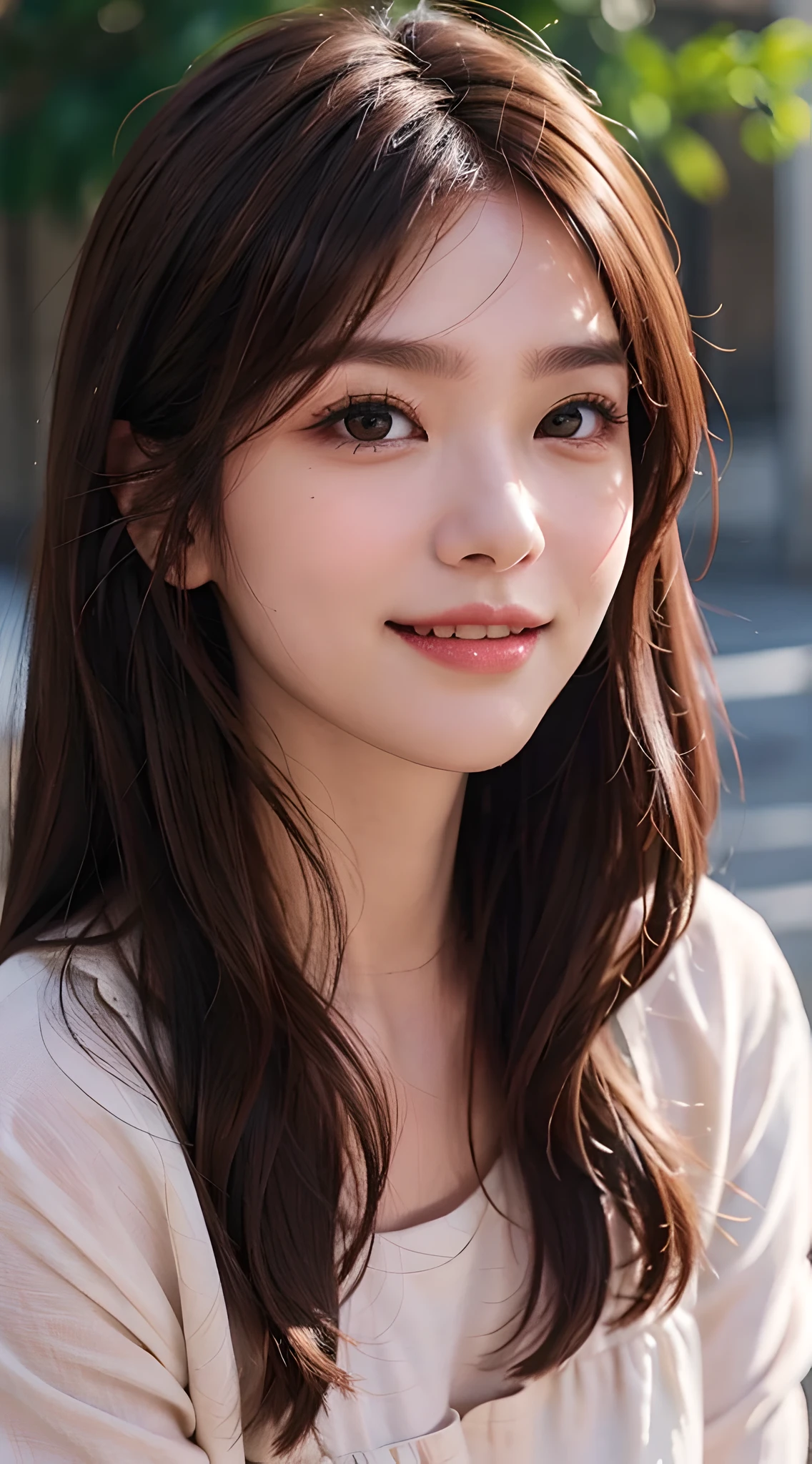 brunette color hair、whair、wince、long eyelasher、Solid round eyes、fakeanimalears、Light smile、Ear blush、fang、ultra-realistic realism