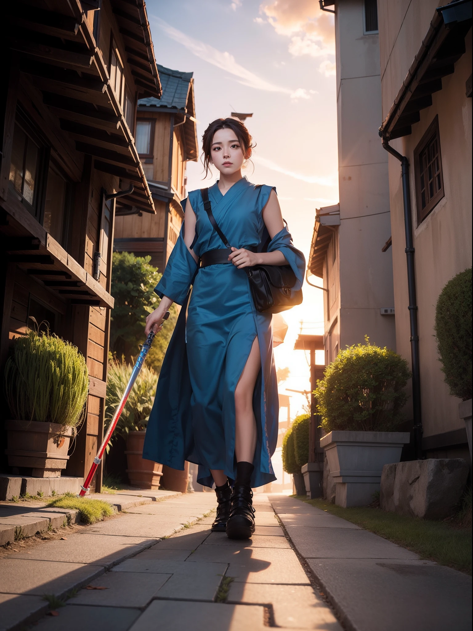 "A jedi knight in the style of Ghibli, with intricately detailed artwork and concept art, inspired by WLOP's signature style, set against a vibrant sunset."