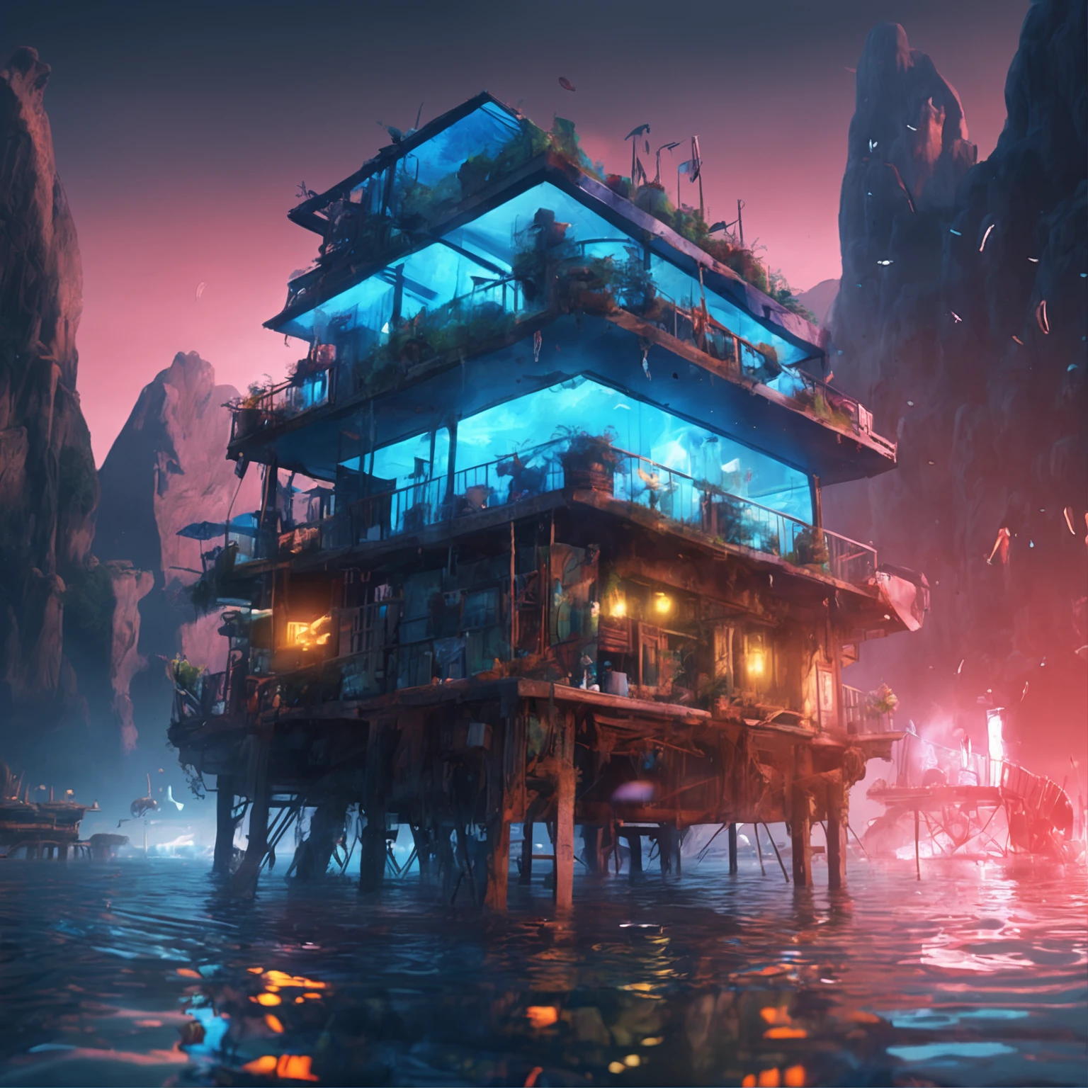 Colors (Fantasy: 1.2), (hayao miyazaki style), (Irregular Buildings Floating Under the Sea), developed country, Blue lighting, glass shards, splash water, A light, Artstation Competition Winner, Fantasy Art, (cyberpunkcity), Optical Axis, Realistic lighting, High quality, Beautiful graphics, high detailing, masuter piece, High quality, Beautiful graphics, high detailing, in 8K, surrealism , fly chinese dragon --v6