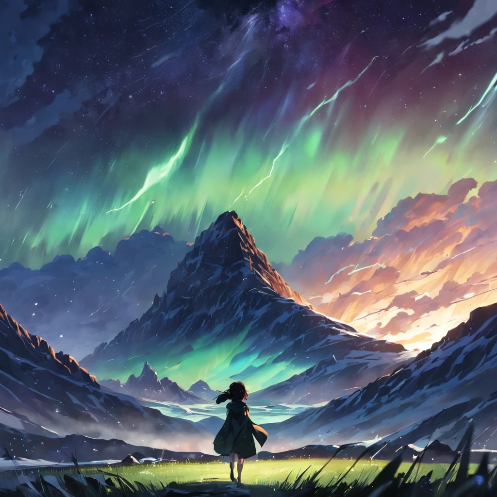 Aurora Borealis with Thunder, Montanha nevada, Noruega, silhueta de guerreiro com machado