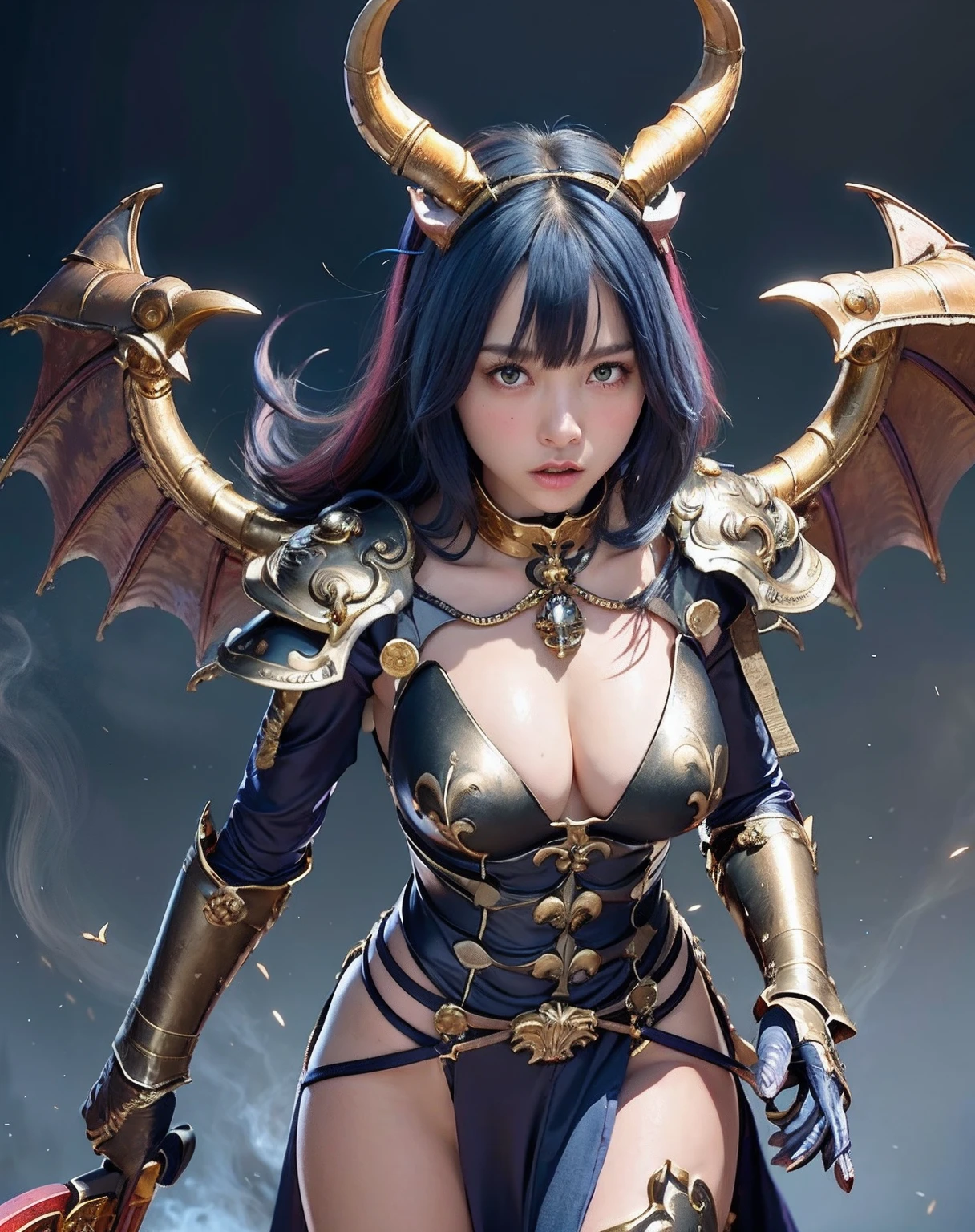 Professional , ​masterpiece、top-quality、photos realistic , depth of fields 、（Gemstone Blue Metal Body:1.２),(Matte Blue Black、（Standing in the church）、gold patterns、Wind-effect、Light Effects、Wind-effect、magic circles、（cleavage of the breast）、Dragon Gold Weapon（Dragon Metal Body:1.４),Gorgeous gold weapons ,（Particles of light）、 ,Fight soldiers in skeleton armor ,（fierce look）、Mystical expression、16-year-old beautiful girl、（（ Dragon's dense and gorgeous sword）） , Ultimate Beauty   、（（Blue hair））、（Castle background）、Fight dragons、Fight with weapons、（（Gangle's forest background））、Beautiful Caucasian beauty、（１a person）、dynamic ungle,(((Details of the two demon horns on the head)))、Smaller head、A smile、Castle background、Thin and beautiful female hands、cleavage of the breast、Soldier in iron armor on background、Mystical expression、Light Effects、Wind-effect、magic circles、With the legendary magic wand、（demonic wings）、（Blue hair）、（1 persons）、Battle Look、Anatomically correct body、Toostock、Toostock、knee、Fight soldiers in skeleton armor ,