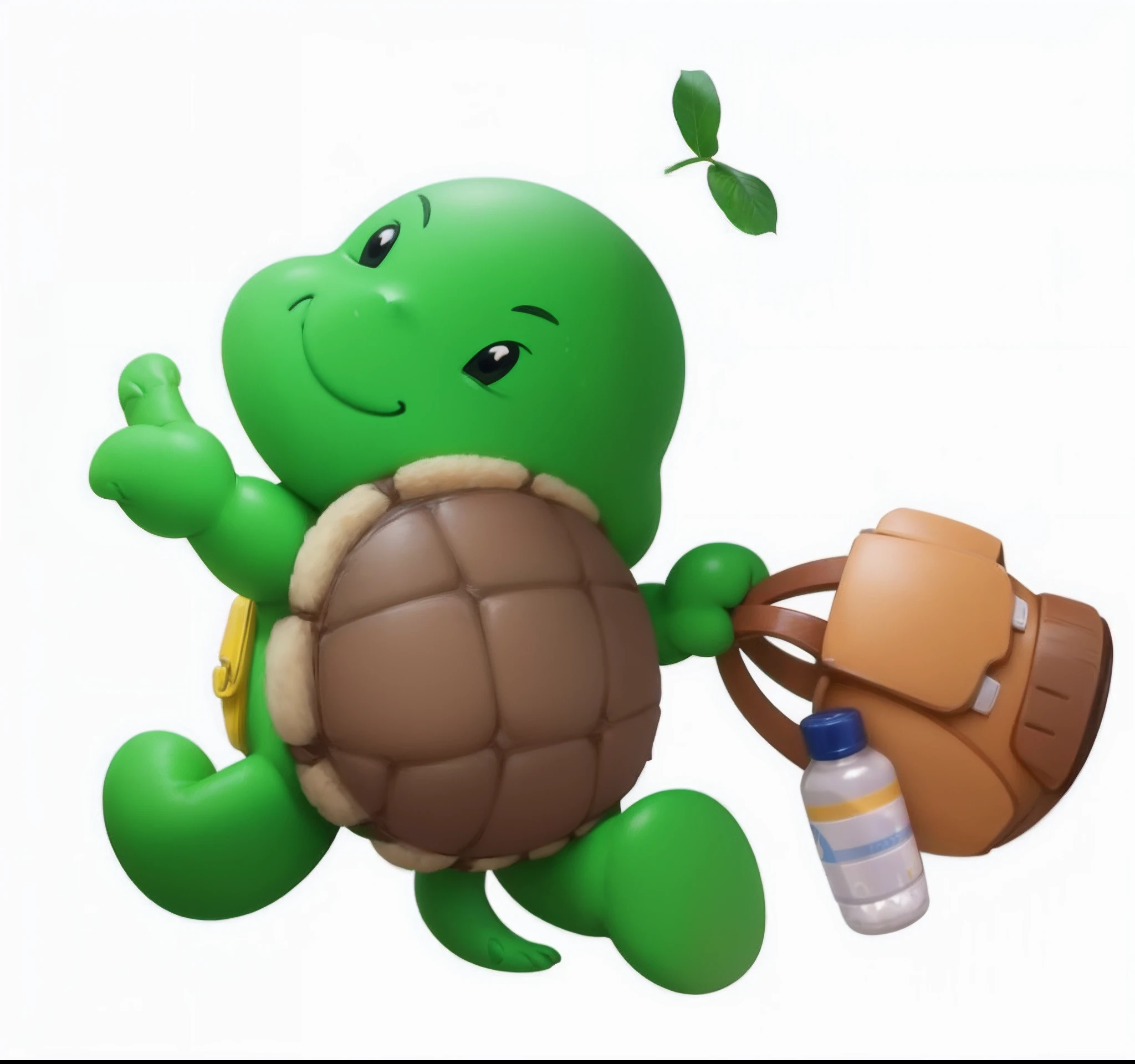 tmasterpiece,high qulity,A cartoon,on back,Green skin,Brown turtle shell,Yellow belly,adolable,Right handbag,mineral water,Ray traching,4K