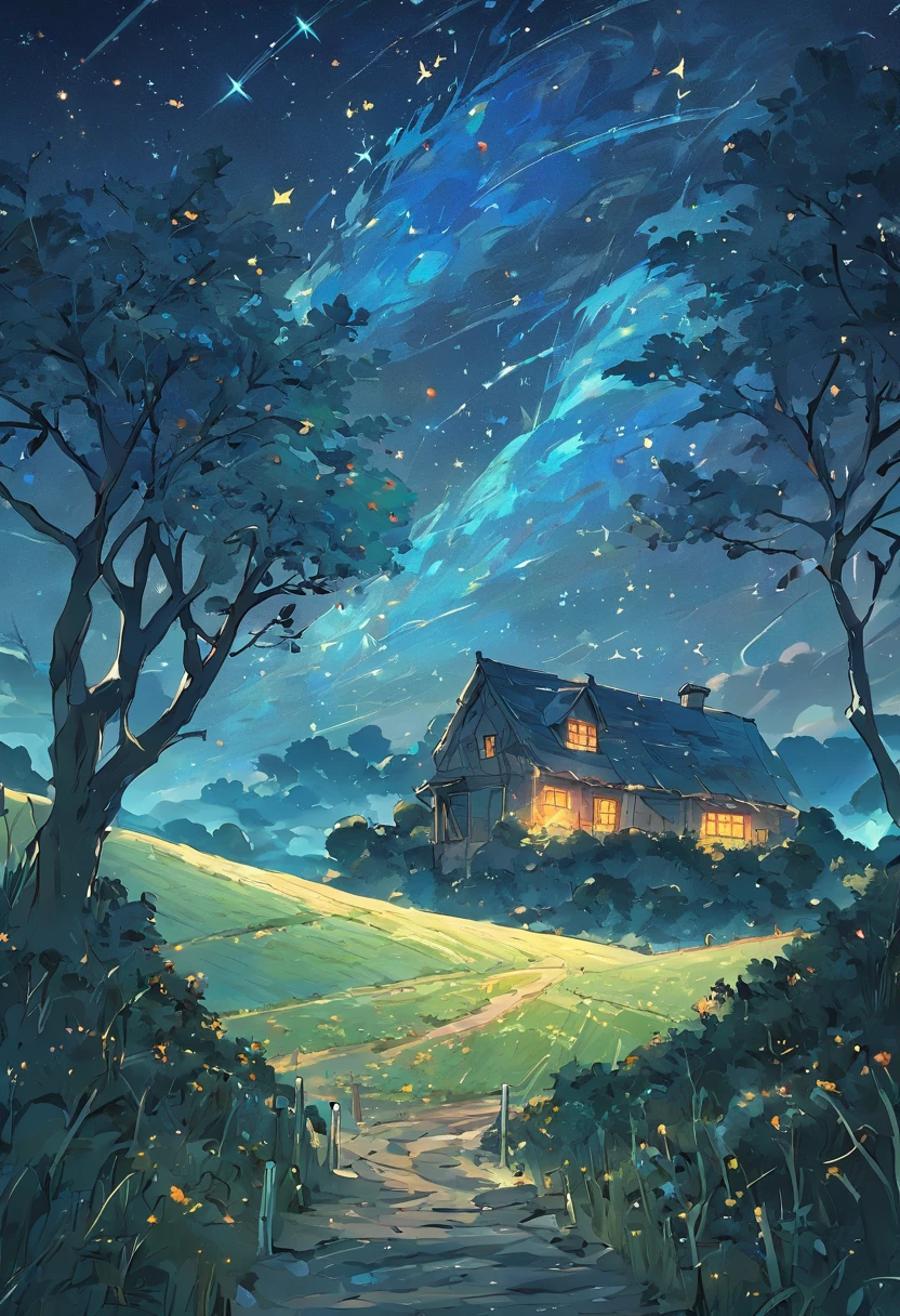 A breathtaking,Van Gogh-inspired starry night sky over a quaint,sleepy village nestled among rolling hills,,Van Gogh painting style,paths,The tree,grassy,Cook,((starrysky)),fine art piece,wheat field,tmasterpiece,k hd。Rich in color