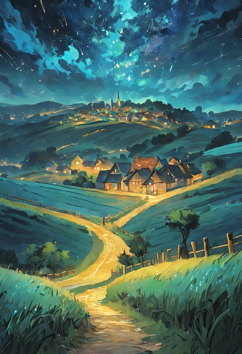 A breathtaking,Van Gogh-inspired starry night sky over a quaint,sleepy village nestled among rolling hills,,Van Gogh painting style，paths，The tree，grassy，Cook，（（starrysky）），fine art piece，wheat field，tmasterpiece，k hd。Rich in color