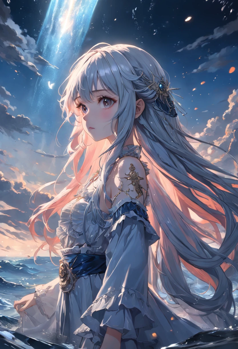 ((masterpiece)), ((best quality)), ((illustration)), extremely detailed,style girl, long shot, small breast,light grey very_long_hair, scifi hair ornaments, beautiful detailed deep eyes, beautiful detailed sky, beautifuldetailed water, cinematic lighting, dramatic angle, (very long sleeves), frills, formal, close to viewer, (an extremely delicate and beautiful),best quality,highres,official art,extremely detailed CG unity 8k wallpaper, ((starry sky)), star river,array stars, Holy, noble, ((oil painting)) , ((wallpaper 8k CG)), (realistic), Concept Art, vary blue and red and orange and pink hard light, intricate light, dynamic hair, haircut, dynamic fuzziness, beautiful and aesthetic, intricate light, manga and anime