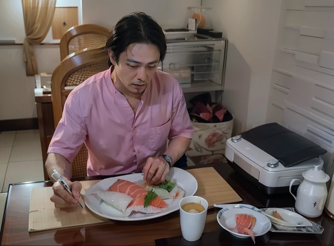 The character:The man pictured in the location:High-end Japanese restaurant action:Eating Japanese sashimi seafood as required:The characters are similar to the original picture,The sashimi mutated,Affected by nuclear radiation image quality:Realistic style Attention:The face of the character does not need to be changed