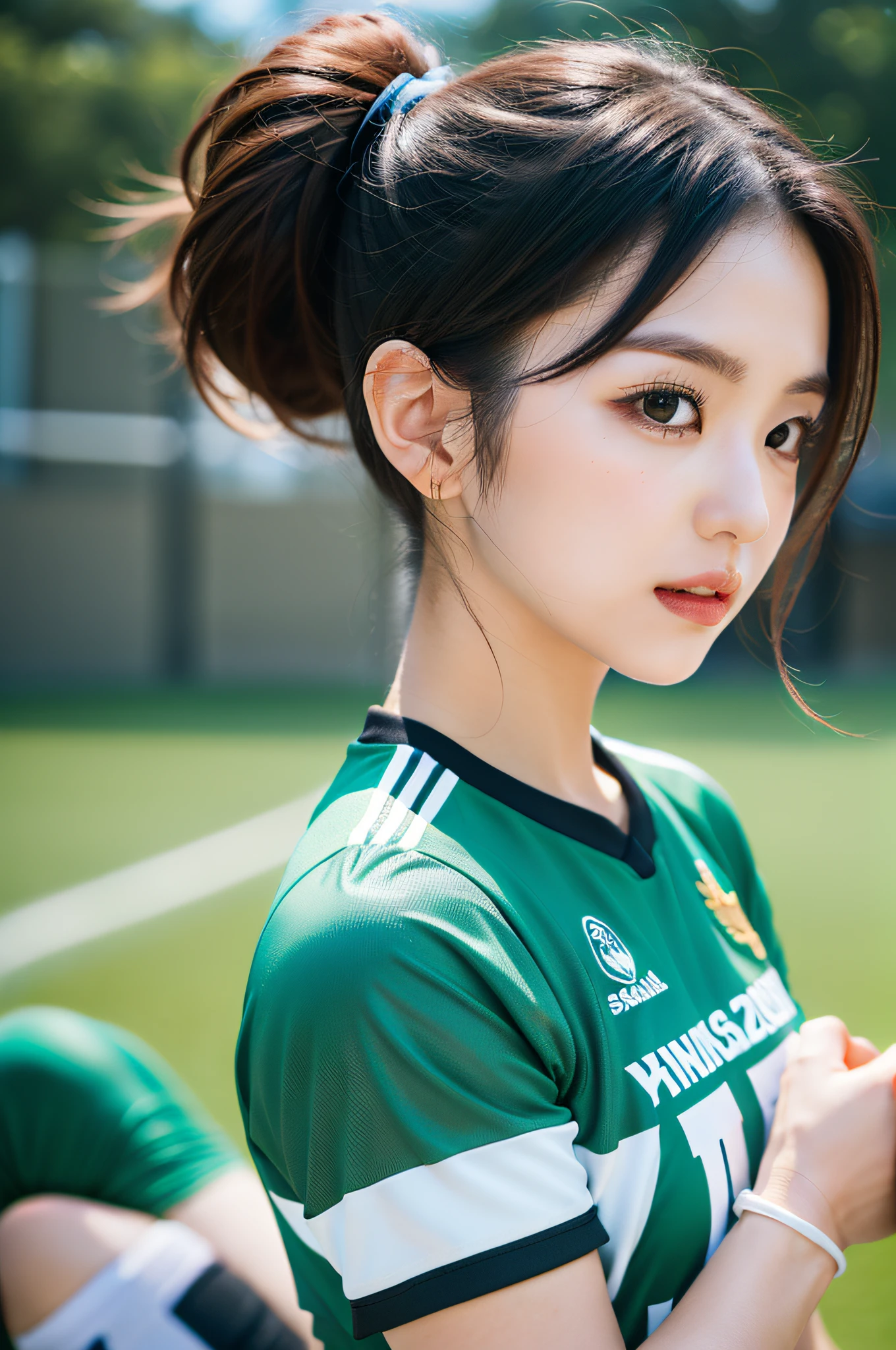 Eri Kamei, Solo Idol, Dressed as a soccer player on the soccer field. She wears a uniform with soccer cleats (spikes), Shingard, Jersey with team emblem or logo, and jersey number. She also、May have a captain's armband. The scene is、Background of a soccer field with a soccer ball nearby. The style should be photorealistic, While capturing the essence of a soccer player、Combining the charm and cuteness of an idol. Lighting should highlight her, Make her a focus, With a soft glow. the colors should be vivid, Especially the green of the field and the color of her jersey. The composition should be a full-body shot, Capture her from head to toe, 16 in:9 aspect ratio. Images should be of the highest quality, Highly detailed, High resolution 16k. --ar 16:9 - V5.1 --Style raw --Q 2 --S 750