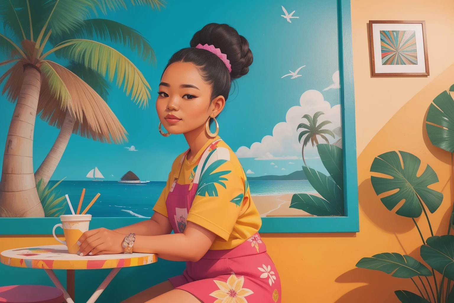 Year: 2023
Country: Tonga
Description: At a local art studio in Ha'apai, a young artist, donned in a quirky and colorful outfit, passionately paints a mural on the side of a charming cafe. Her creative spirit and unique style captivate passersby, who stop to admire her work.