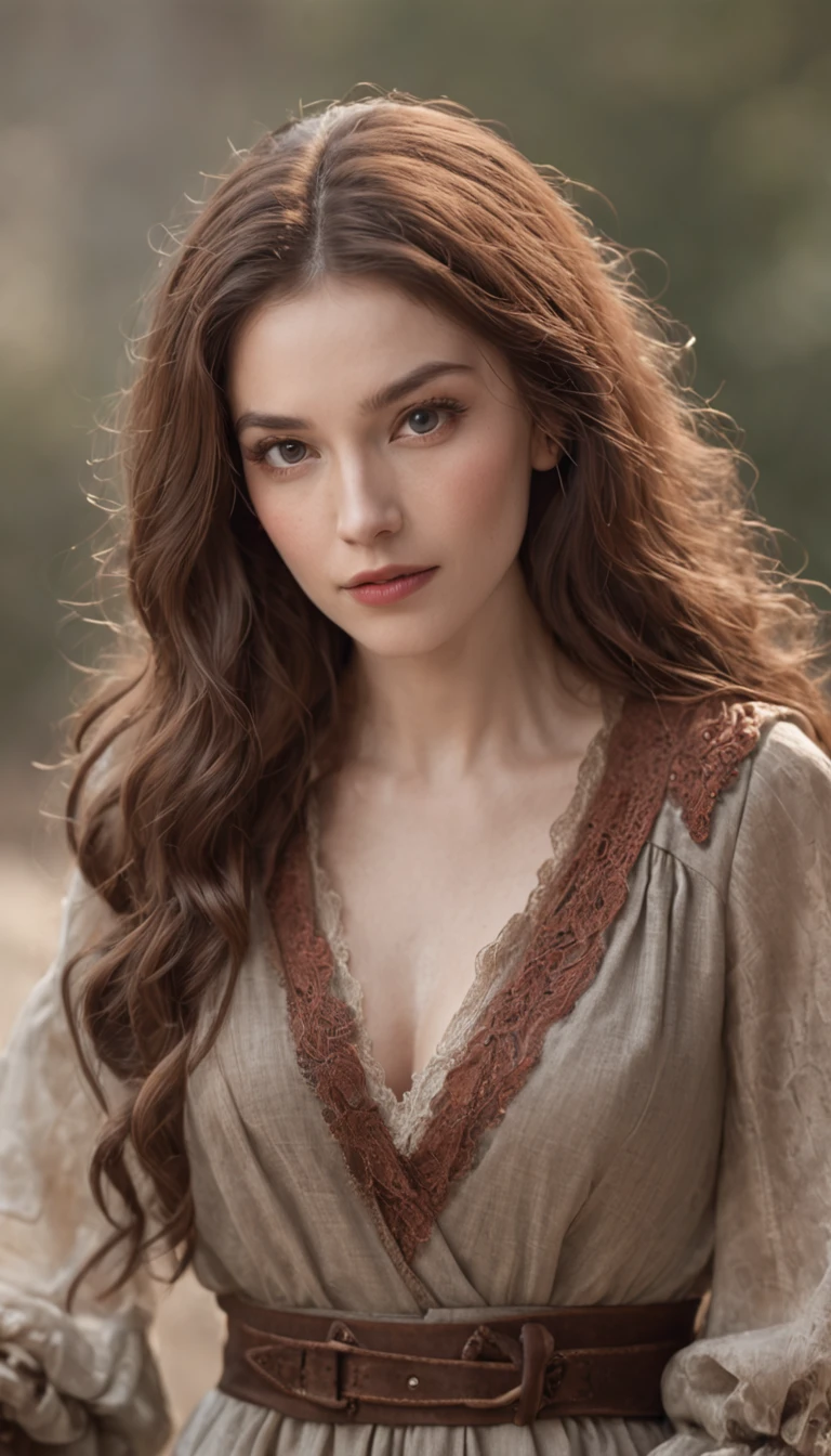 (realistic oil art, image up to the waist, 35-year-old woman, brown hair, long wavy hair), medieval clothing, critical camera, blurred background, warm light, more details in clothing, strong leftovers, normal pose, lady