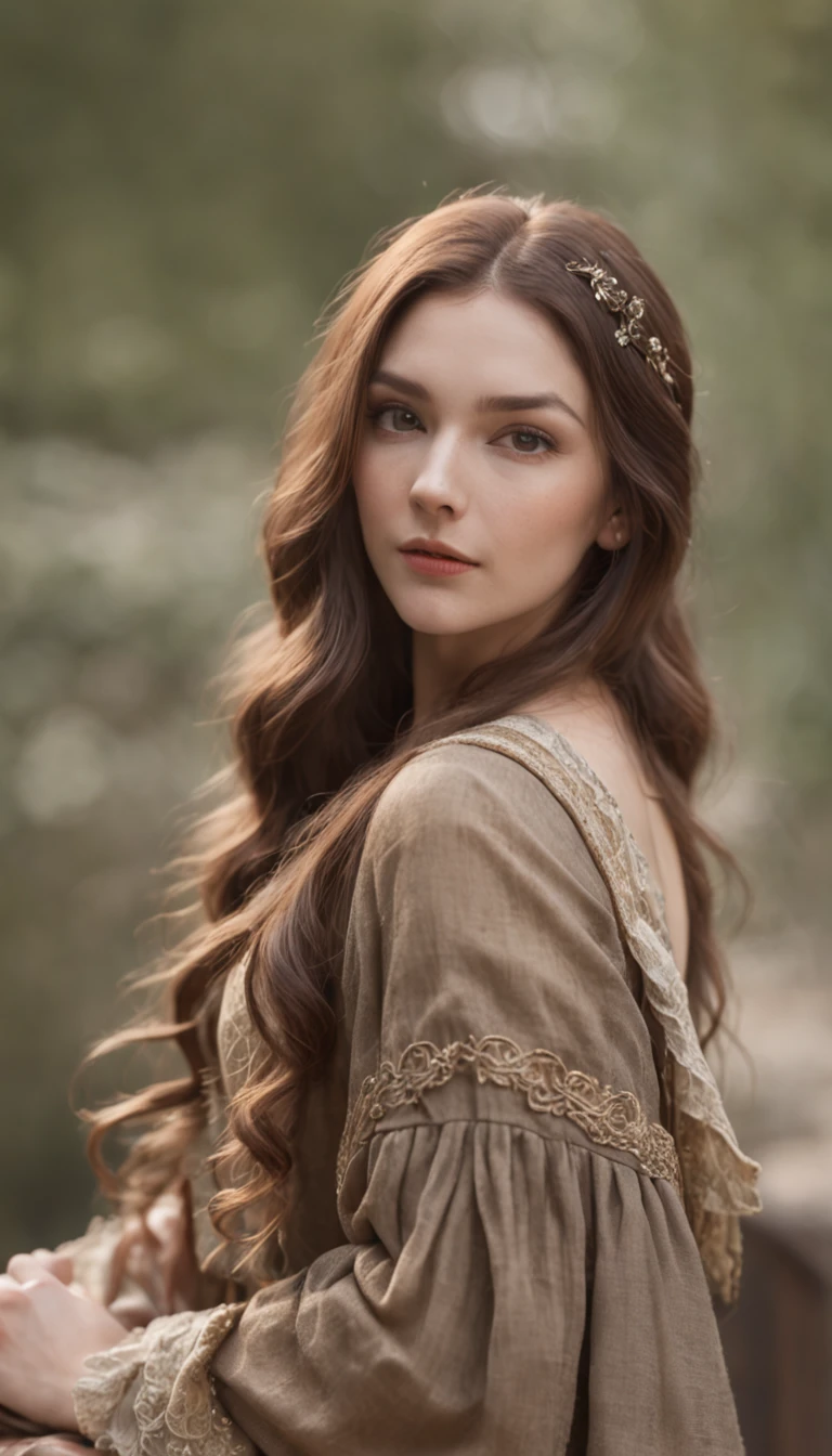 (realistic oil art, image up to the waist, 35-year-old woman, brown hair, long wavy hair), medieval clothing, critical camera, blurred background, warm light, more details in clothing, strong leftovers, normal pose, lady