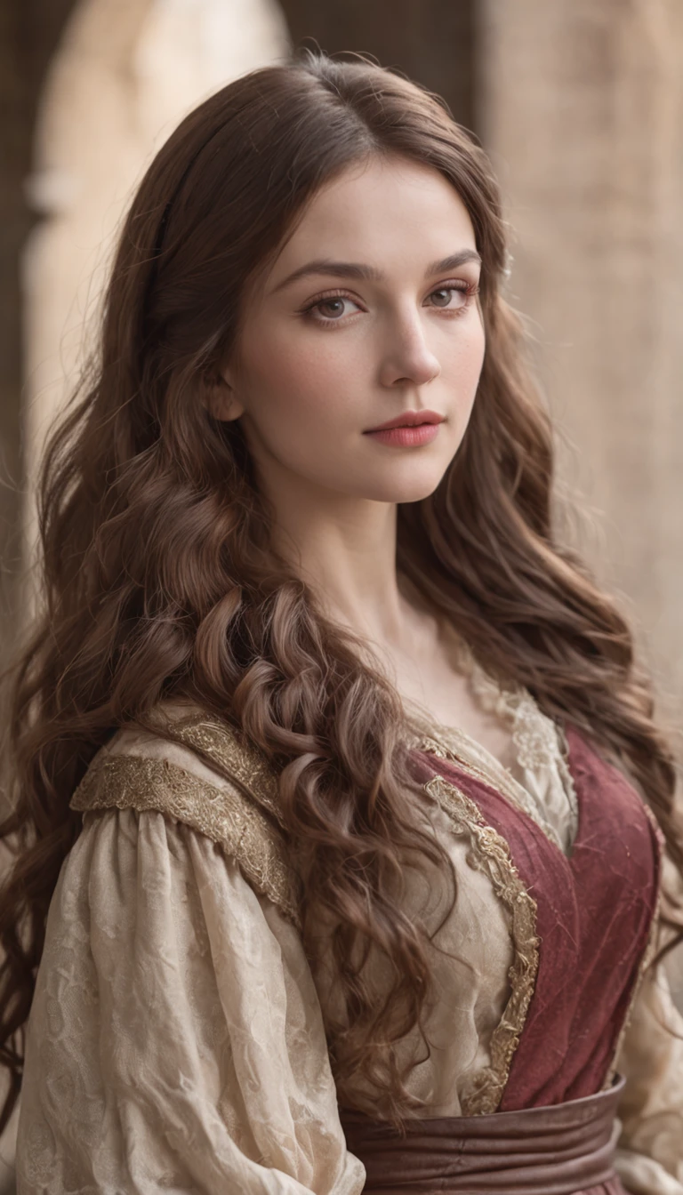 (realistic oil art, image up to the waist, 35-year-old woman, brown hair, long wavy hair), medieval clothing, critical camera, blurred background, warm light, more details in clothing, strong leftovers, normal pose, lady