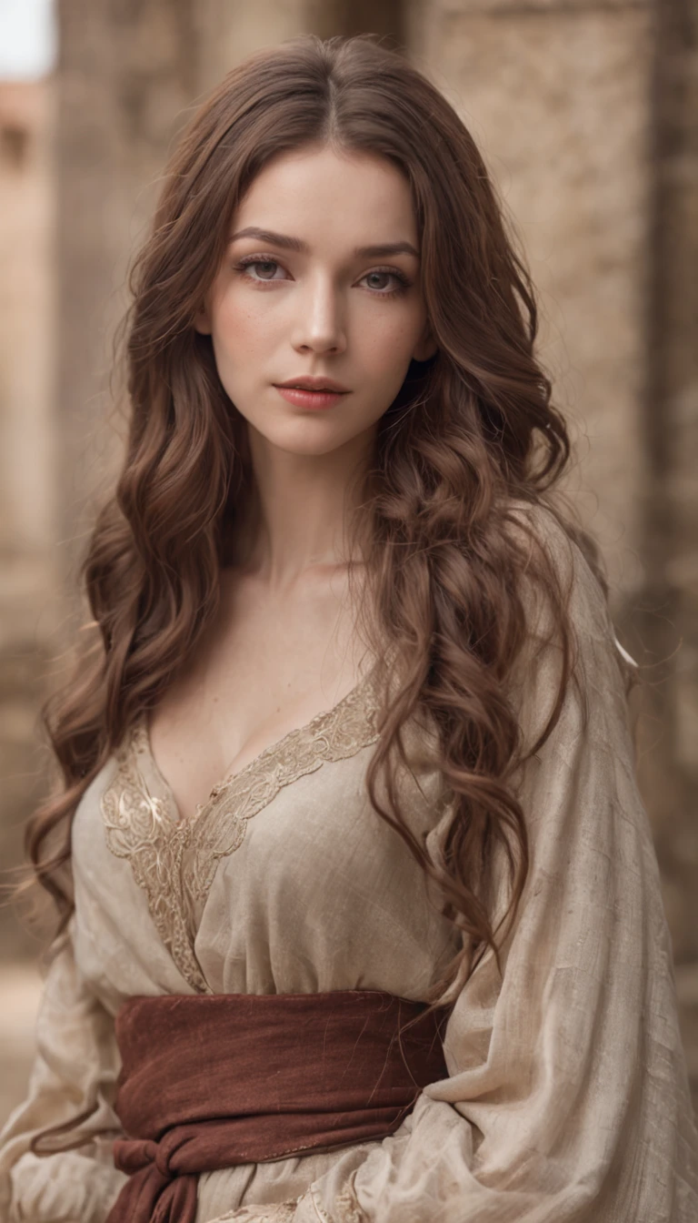 (realistic oil art, image up to the waist, 35-year-old woman, brown hair, long wavy hair), medieval clothing, critical camera, blurred background, warm light, more details in clothing, strong leftovers, normal pose, lady