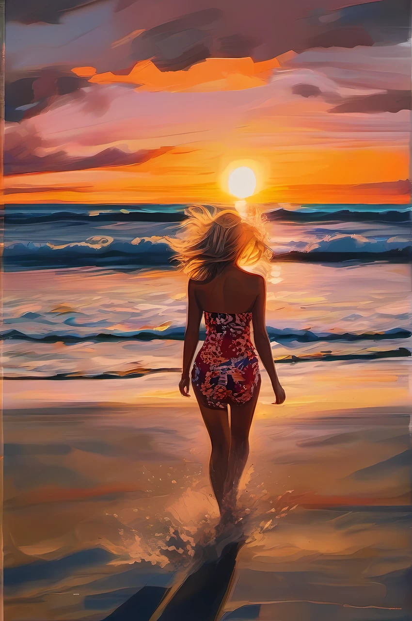 A girl in a red bikini is walking on the beach holding hands and holding a frisbee, cena em chamas ao fundo, Escuro. Sem texto, A cena mais bonita, quadro de filme ainda, rotoscopia, com um filtro assustador aplicado, 2D, 2 d, fires glow lonely, filme ainda quadro, nesta cena sinistra, em uma praia, Tumblr, .gif, filme muito realista ainda