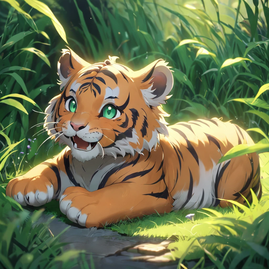 Cute little tiger，Fluffy，vivid expressions，Playing on the green grass，Biting your own tail，vivid expressions，natural soft light，Soft Focus Filter，ultraclear，Hyper-detailing，8K，a picture，3d rendered