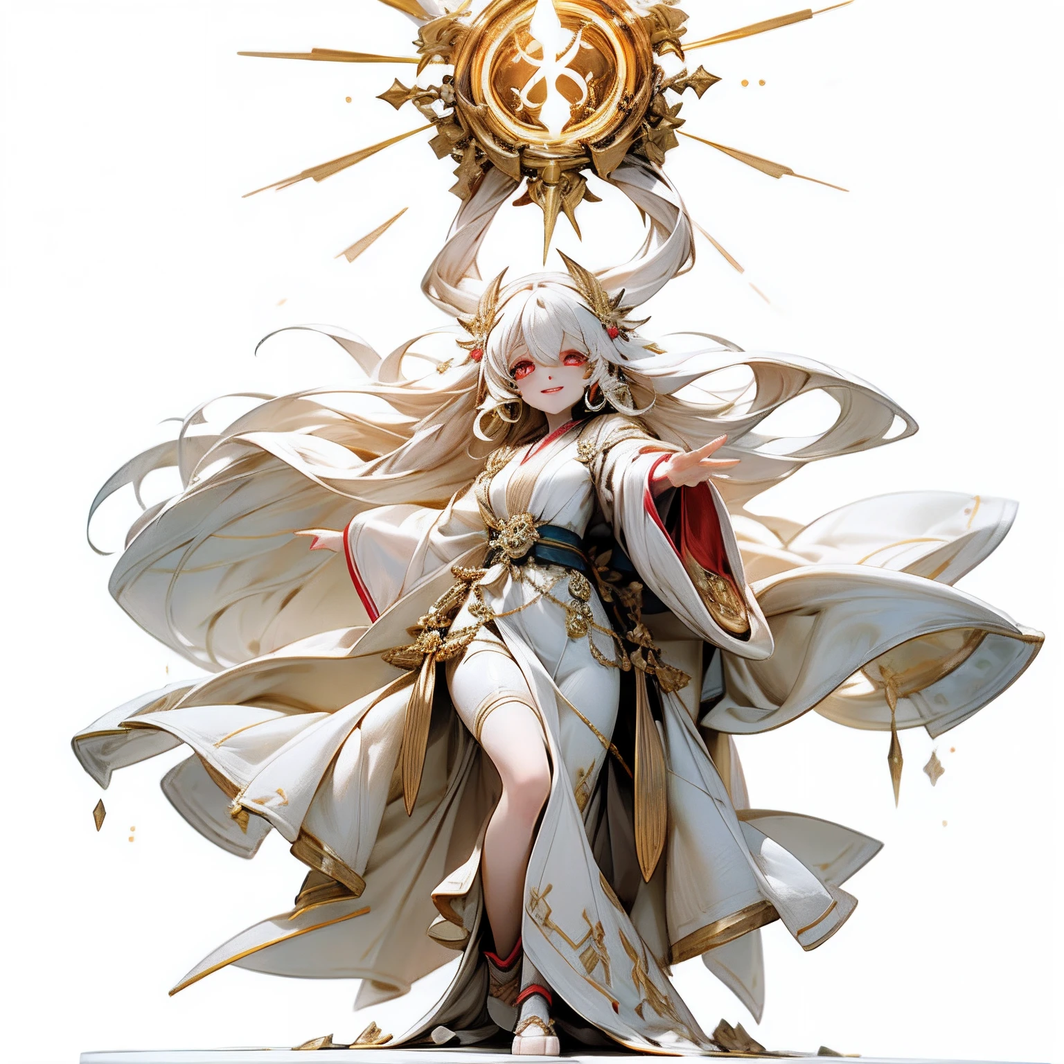 Altruistic, banker woman, game character, ((full body)), reaching out, power of prayer, full of kindness, smiling, big glowing eyes, white hair, 8K, masterpiece, white background, anime goddess, flowing white robe, goddess of wisdom, top quality
