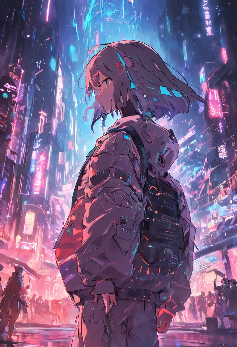 Cyberpunk world，Neon over the city，spaceship，Motorist，Half man, half machine，Residual value broken arm，mercenary，blasts，shootout，droid，karo，deathia，Ultra clear 4K、