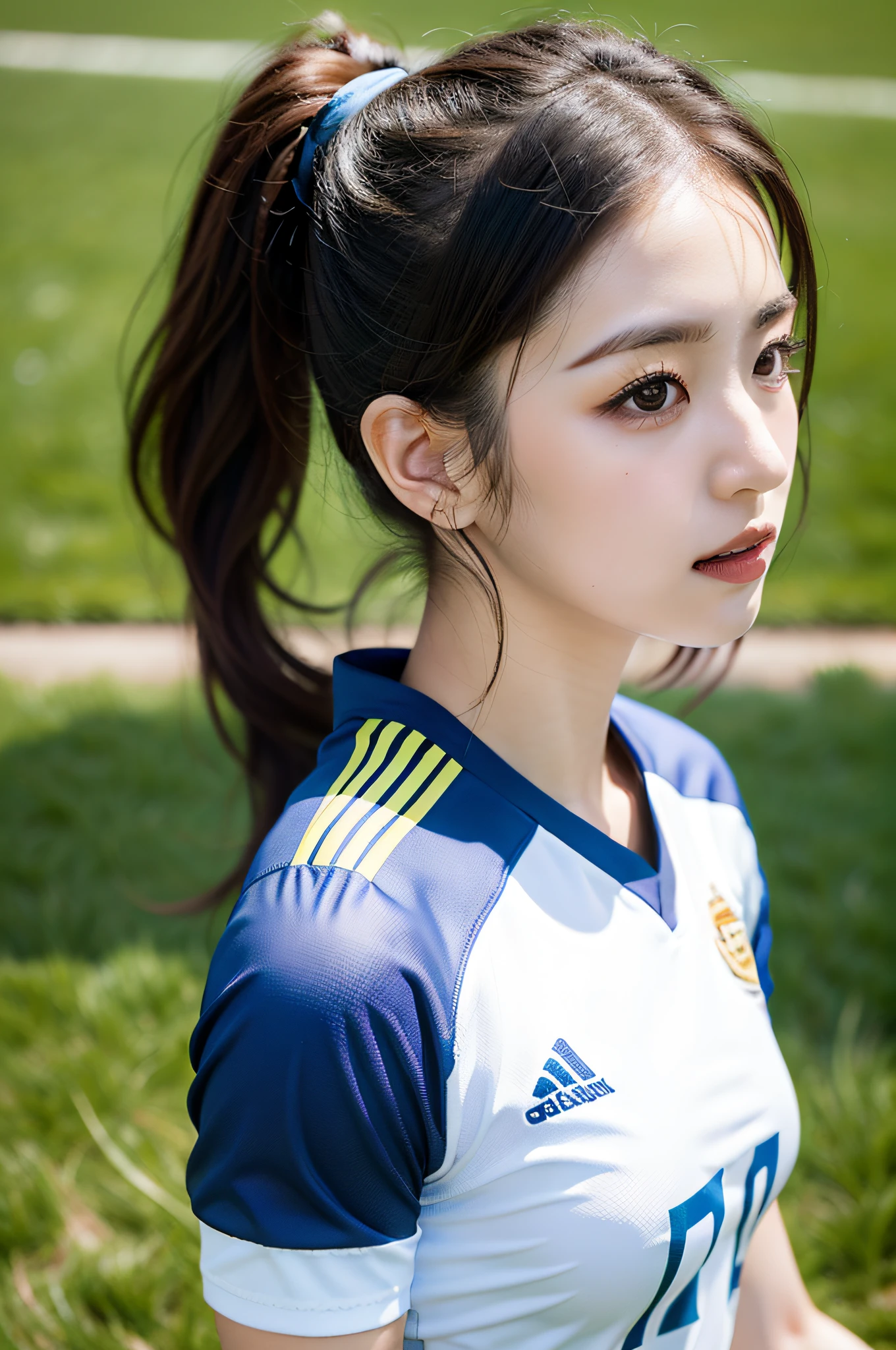 on a soccer field, Eri Kamei is confident in how she dresses as a soccer player々standing at. She is decorated with essentials: uniformss, Soccer Cleats, Shingard, A jersey that proudly displays the team's emblem or logo and her jersey number. Perhaps she is the captain, As indicated by the armband. A soccer ball is placed near her, Waiting for the next move. An image that fuses the athleticism of soccer with the adorable aura of an idol. The lighting should be natural, Imitate a day on the field, Shadows add depth. The color palette should emphasize the green of the grass and the shades of her uniform. The shot should be taken from a medium angle, Capture her essence at 16:9 aspect ratio. Aim for an ultra-realistic look, Ensuring every detail, From her hair to blades of grass, Displays in 16K resolution. --ar 16:9 - V5.1 --Style raw --Q 2 --S 750