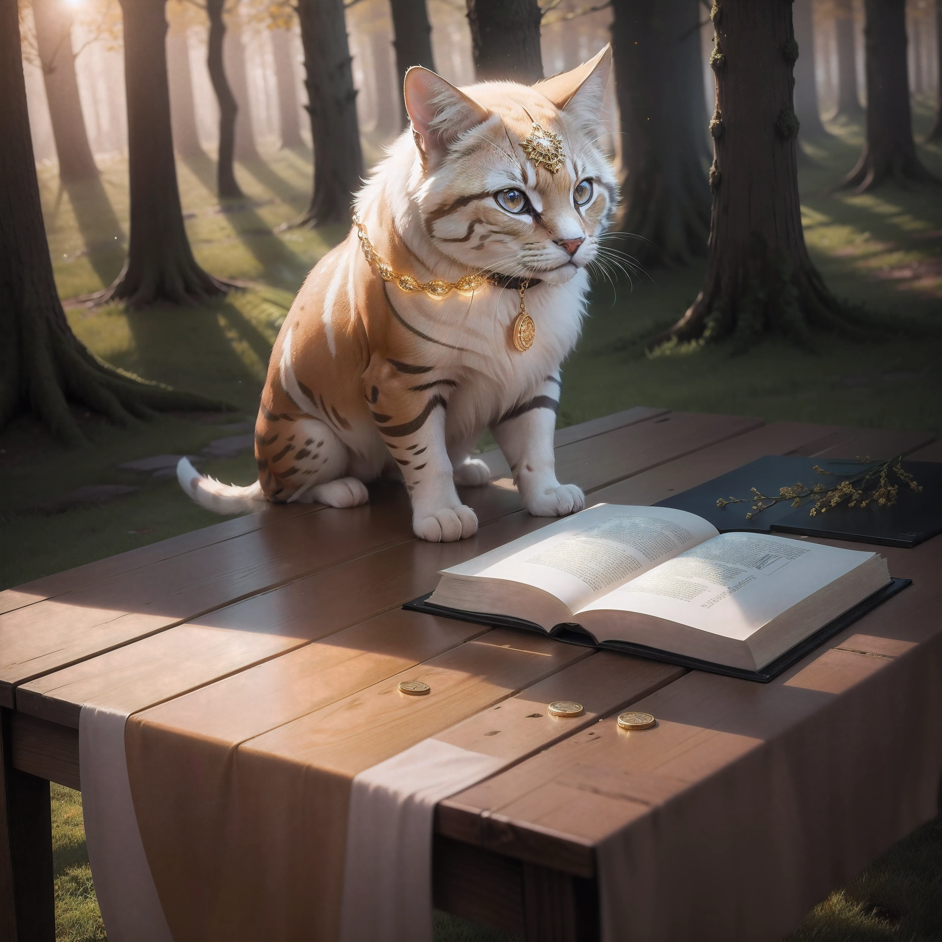 Ein Tisch steht im Wald, da drauf liegt Gold Schmuck und Diamanten, der Tisch wird von Sonnenstrahlen beleuchtet, several gold chains hang down from table, Gold coins are scattered everywhere, realistisch, 1.4f Lens, hyper realistic, aesthetic, reality, high quality, 4K, no humans, no animals,