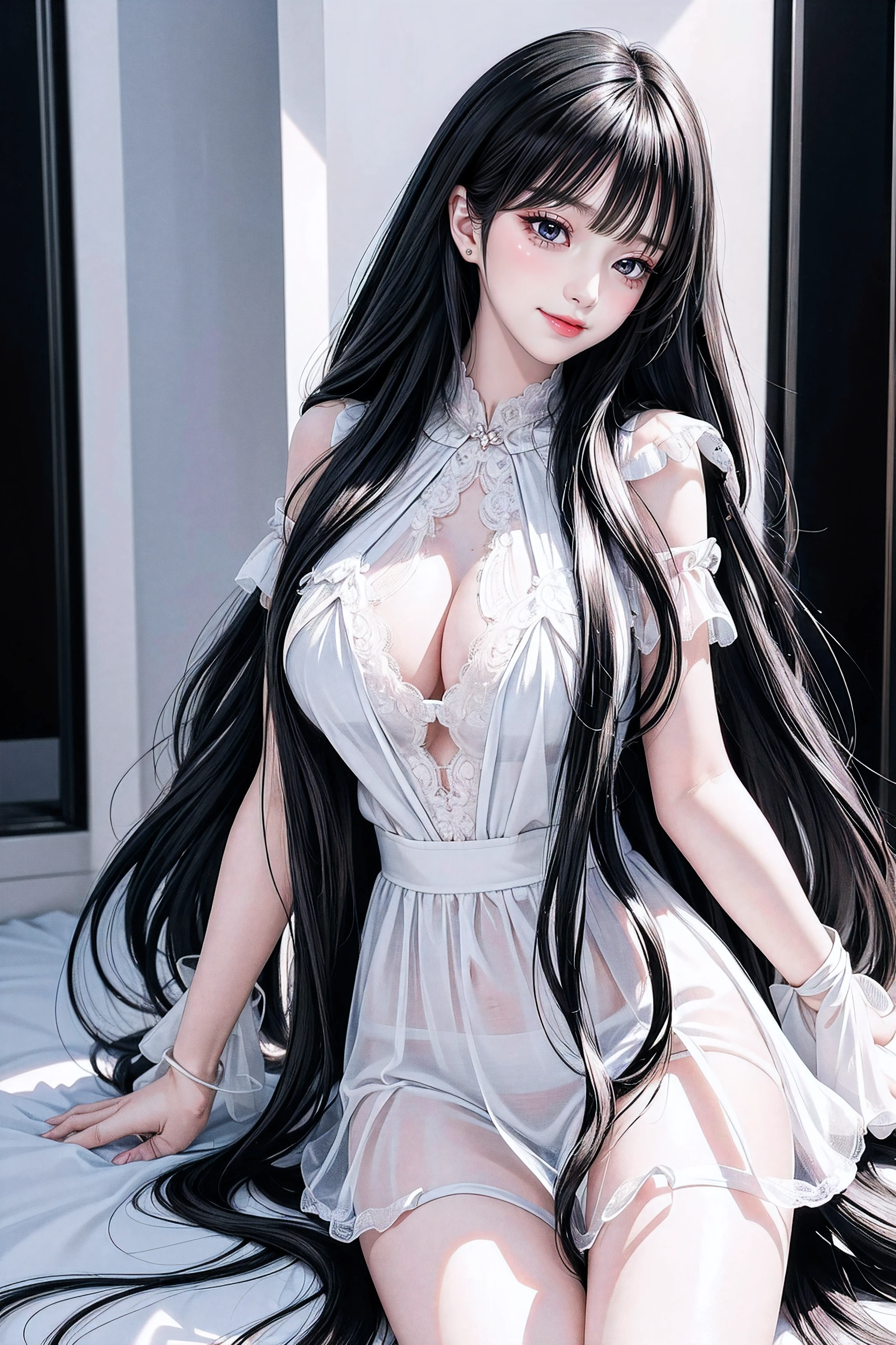 ulzzang -6500-v1.1,(Raw foto:1.2),((Photorealsitic:1.4)),top-quality,​masterpiece, illustratio,{(Extremely delicate and beautiful:2.0):2.0}, extremely details CG ,Unity,{(8K Wallpaper:2.0)}, astonishing、finely detail, Official art,the Extremely Detailed CG Unity 8K Wallpapers,absurderes, incredibly absurdness, huge filesize, ultra-detailliert, hight resolution, a beautiful detailed girl, extremely detailed eye and face, beatiful detailed eyes,Facial light,(((😃))),{(thighs thighs thighs thighs)}, {(Full body))}
(((Straight bangs:))),(((Very long black hair, Ridiculously long black hair:1.1))),Long black hair like a stream of water, Lustrous black hair all over the back, Black hair shiny like silk thread, Long black hair shining like jewels, black hair with wet feathers, 1girl in, (blush)+, lightsmile, School uniform, Short sleeves, Narrowed eyes, (upward-eyed)1.1, Backlight, Bokeh, (the see-through white shirt), bowtie, (Huge breasts, Super breasts), plaid skirts, White panties, ,a beauty girl, blush, Seductive smile,Insane details and very detailed, Huge lower eyelid. masutepiece, of the highest quality, Ultra high definition, max resolution, Very detailed, Clean skin,