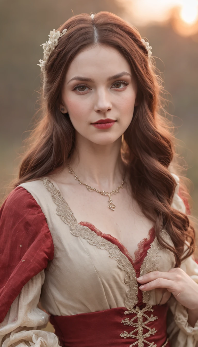 (realistic oil art, image up to the waist, 35-year-old woman, brown hair, long wavy hair), medieval clothing, rich dress, medieval dress, red-and-white dress, critical camera, blurred background, warm light, more details in clothing, strong leftovers, normal pose, lady