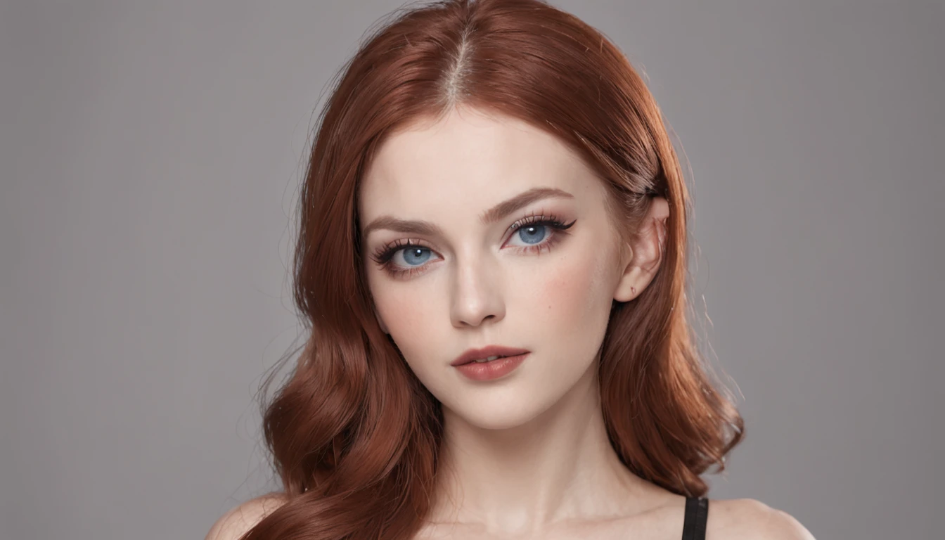 ((masutepiece)),((Best quality)),(()),Make a realistic image of a red-haired woman with blue eyes in black lingerie, fairly, At the age of 20, red lipsticks, eyes with eyeliner, Beautiful body, The upper part of the body,((Such huge breasts)),cleavage,light smile,Viewer looking up