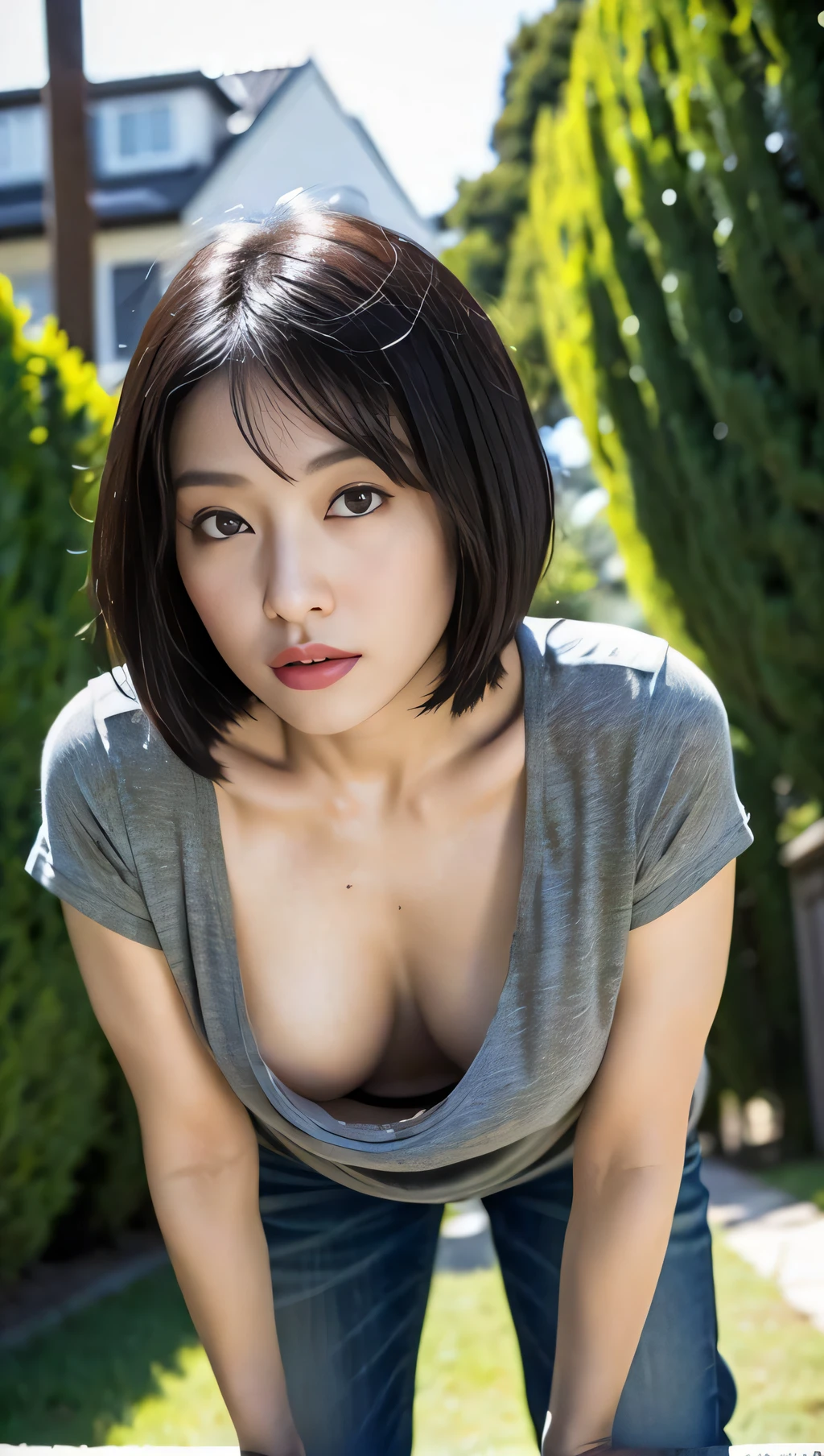 (Best quality, 8k, 32k, Masterpiece, UHD:1.2),Photo of Pretty Japanese woman,black short hair,beauty face,(leaning forward:1.3),squatting,(from above:1.2),(close up:1.4),pov,loose t-shirt,large breasts,(beautiful nipple slip:0.9),outdoors,windy,shiny skin,blurry background,