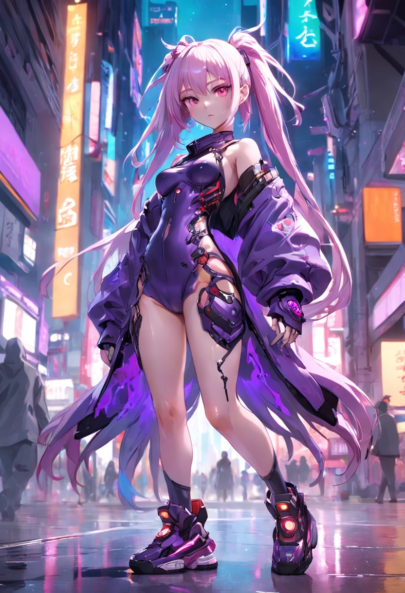 (entire body image:1.5), (extremely detailed CG unity 16k wallpaper:1.1), (Denoising strength: 1.45), (tmasterpiece:1.37), beautiful detailed eyes, colorful background, mechanical prosthesis, mecha coverage, emerging dark purple across with white hair, pig tails, disheveled hair, fluorescent purple, cool movement, rose red eyes, beatiful detailed cyberpunk city, multicolored hair, beautiful detailed glow, 1 girl, expressionless, cold expression, insanity, long bangs, long hair, lace, dynamic composition, motion, ultra - detailed, incredibly detailed, a lot of details, amazing fine details and brush strokes, smooth, hd semirealistic anime cg concept art digital painting, illustration, god rays, sparkle, glowing light, masterpiece, best quality
