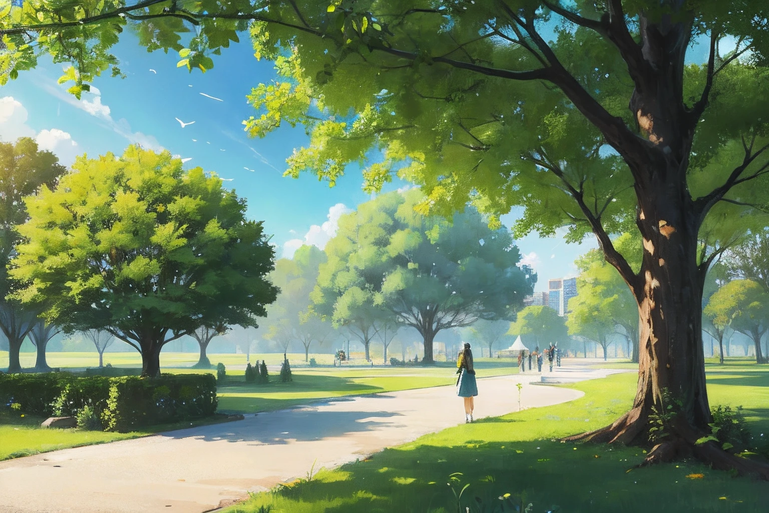 futuristic park. greenery park with trees, grass, park ecology is strictly protected and environmentally friendly energy and buildings are the only permitted forms of structure, ecology, solarpunk, HD in the style of ethereal semi transparency