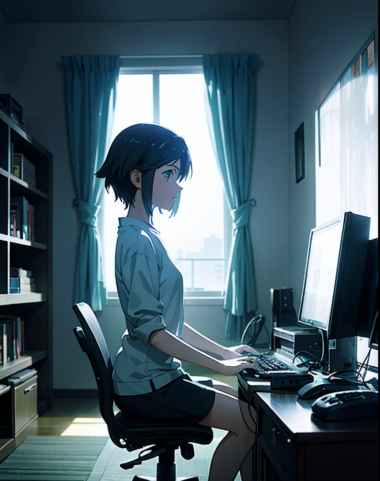 A two-dimensional girl programs a computer in a room full of gadgets, author：Makoto Shinkai and Studio Ghibli, Dramatic lighting, Highly detailed, Incredible quality