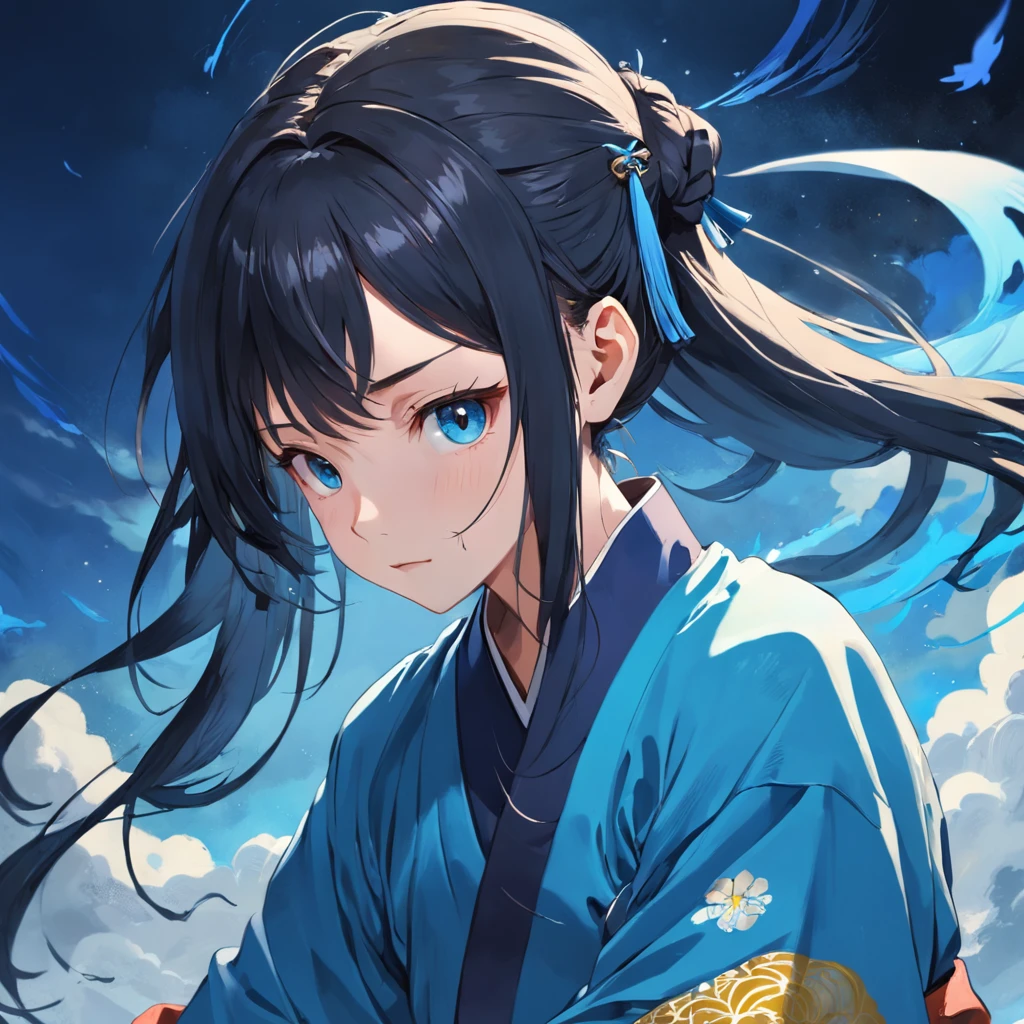The drifting girl wears a Taoist robe,Holding a knife in his hand, his expression is relaxed and natural,The head was slightly raised,Danfeng's eyes narrowed slightly,Looking at the clear blue sky